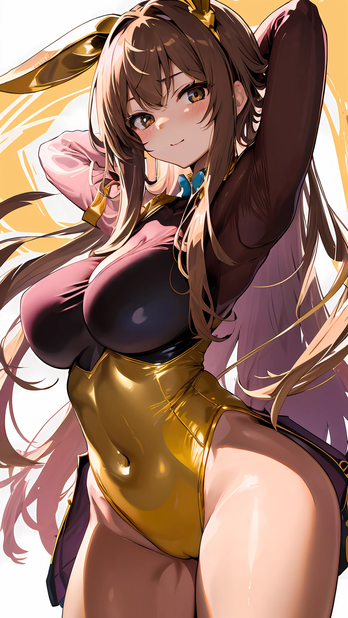 Gold Bunny Girl、18year old、large full breasts、Leotard、tights、colourfull、Hands behind the head、gilded outfit、Brown-haired hair