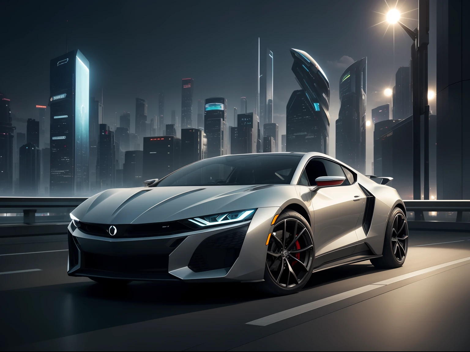carro, An invitation to explore the futuristic city with style and agility. Its urban and versatile design makes it perfect for navigating the busy streets, while its amazing performance ensures an exciting driving experience in any scenario. futuristic city landscape behind