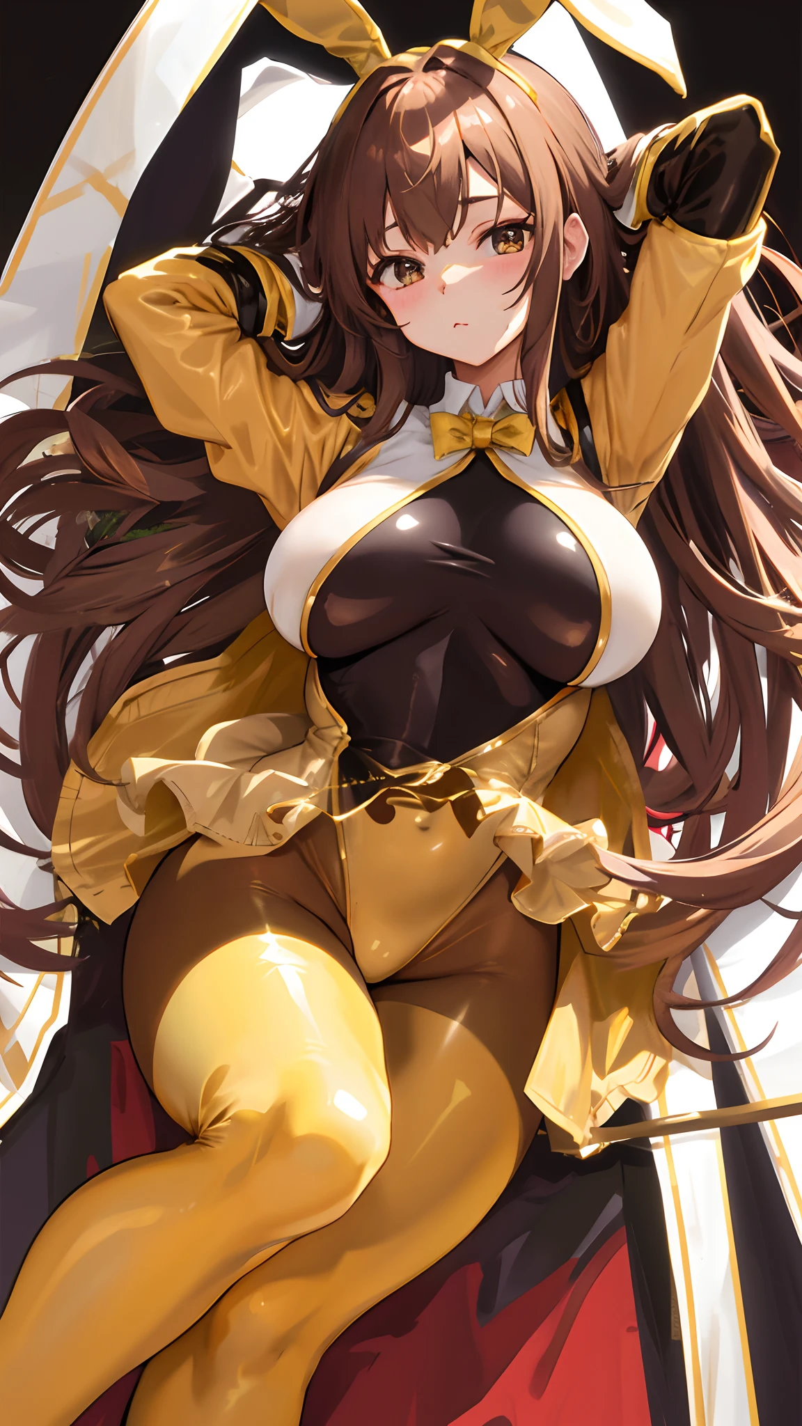 Gold Bunny Girl、18year old、large full breasts、Leotard、tights、colourfull、Hands behind the head、gilded outfit、Brown-haired hair