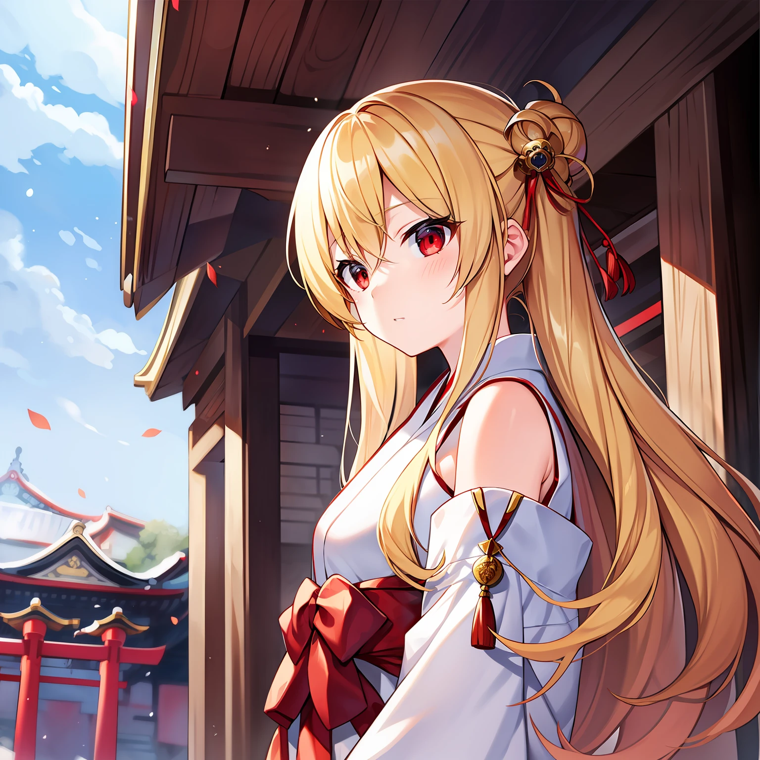 a blond、red eyes、Beautiful girl alone、独奏、animesque、White priestess uniform、red hakama、shrines