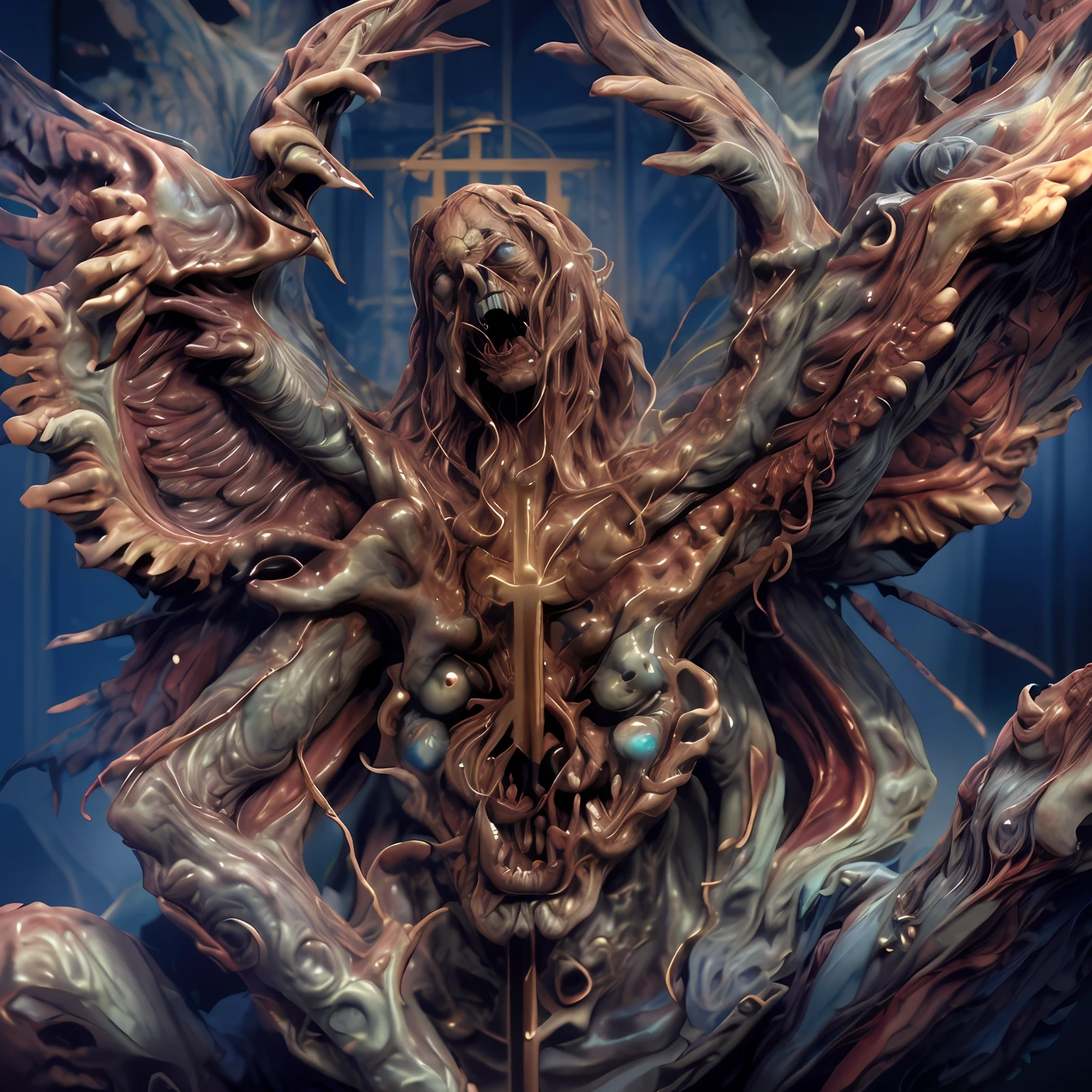 There is a large statue of a demon with a cross in the background, unholy abomination, 😱 Chaos · nightmare resin, intrincado estilo cgi anime ornamentado, arte detalhada da capa, Arte digital altamente detalhada em 4k, obras de arte intrincadas. octan render, on an epic intricate oroboros, arte de terror 4k detalhada, Detalhe intrincado Realismo HDR, Metamorfose Complex 3D render