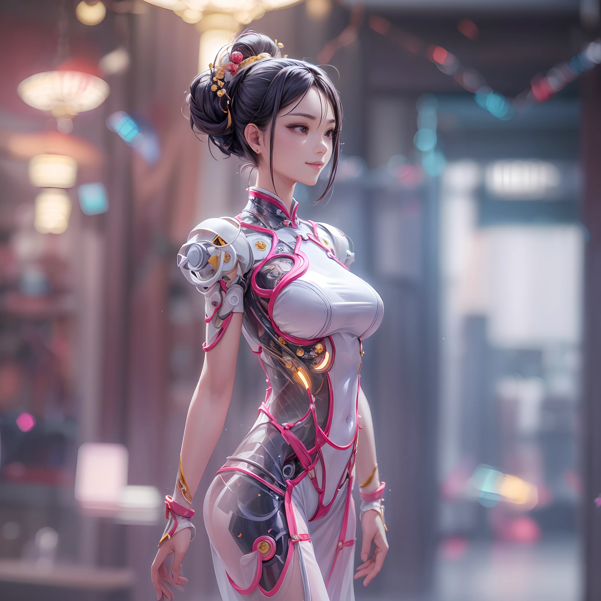 (full-body shot:1.4), Space Art, 1 Cheongsam woman，full body, Standing posture，Transparent robotic arm，Slender figure，perfectly proportions，Delicate hair accessories, smile，Transparent mechanical shoes, Oriental elements, ( Bokeh)，high quality，4K，3D