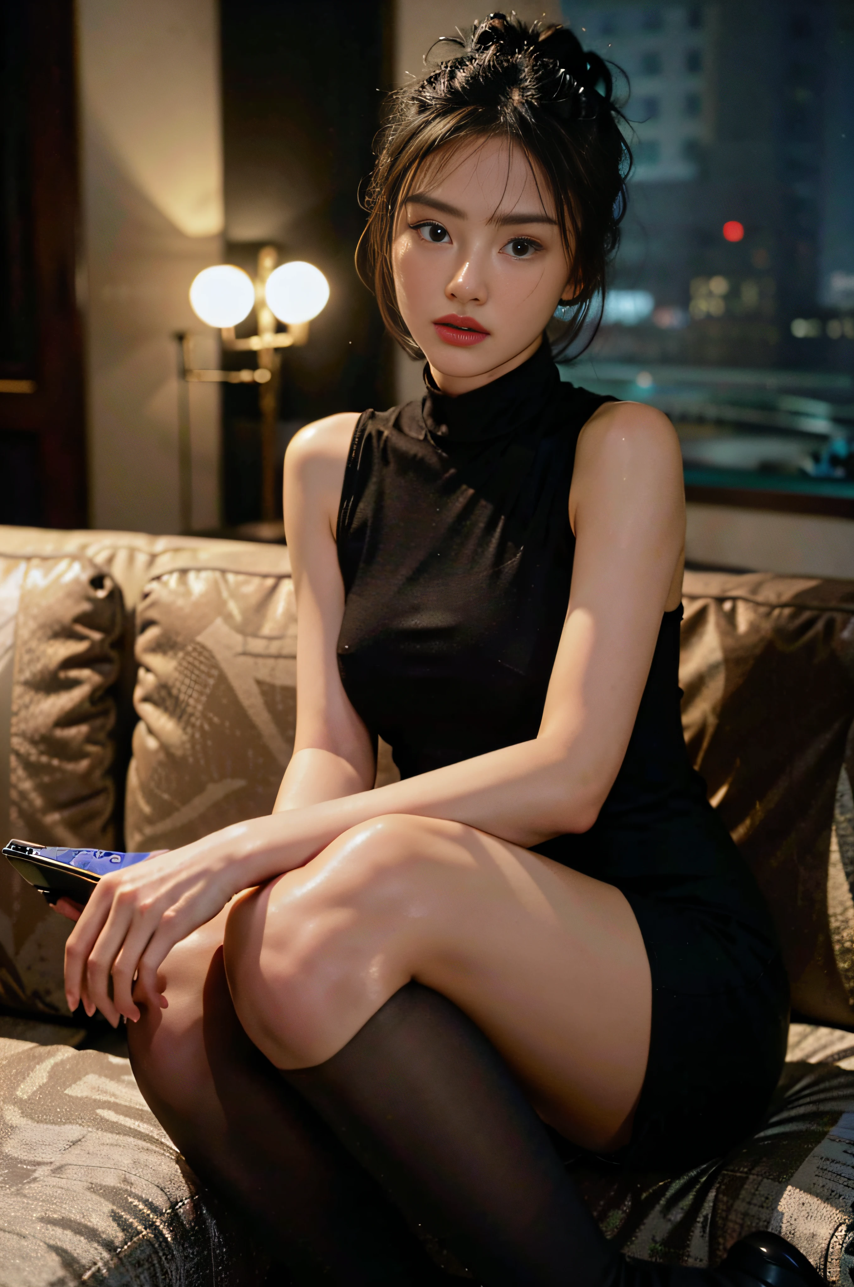 (space_buns_hairstyle:1.3), a woman posing for a photo, bare legs, full body photo, wearing elegant clothes, black stockings
Good Hand, 4K, High Resolution, Masterpiece, Best Quality, Head: 1.3, ((Hasselblad Photography)), Fine Skin, Clear Focus, (Cinematic Lighting), Night, Soft Lighting, Dynamic Angle, [:( Detail: 1.2): 0.2], ((Single Sofa Seat))),