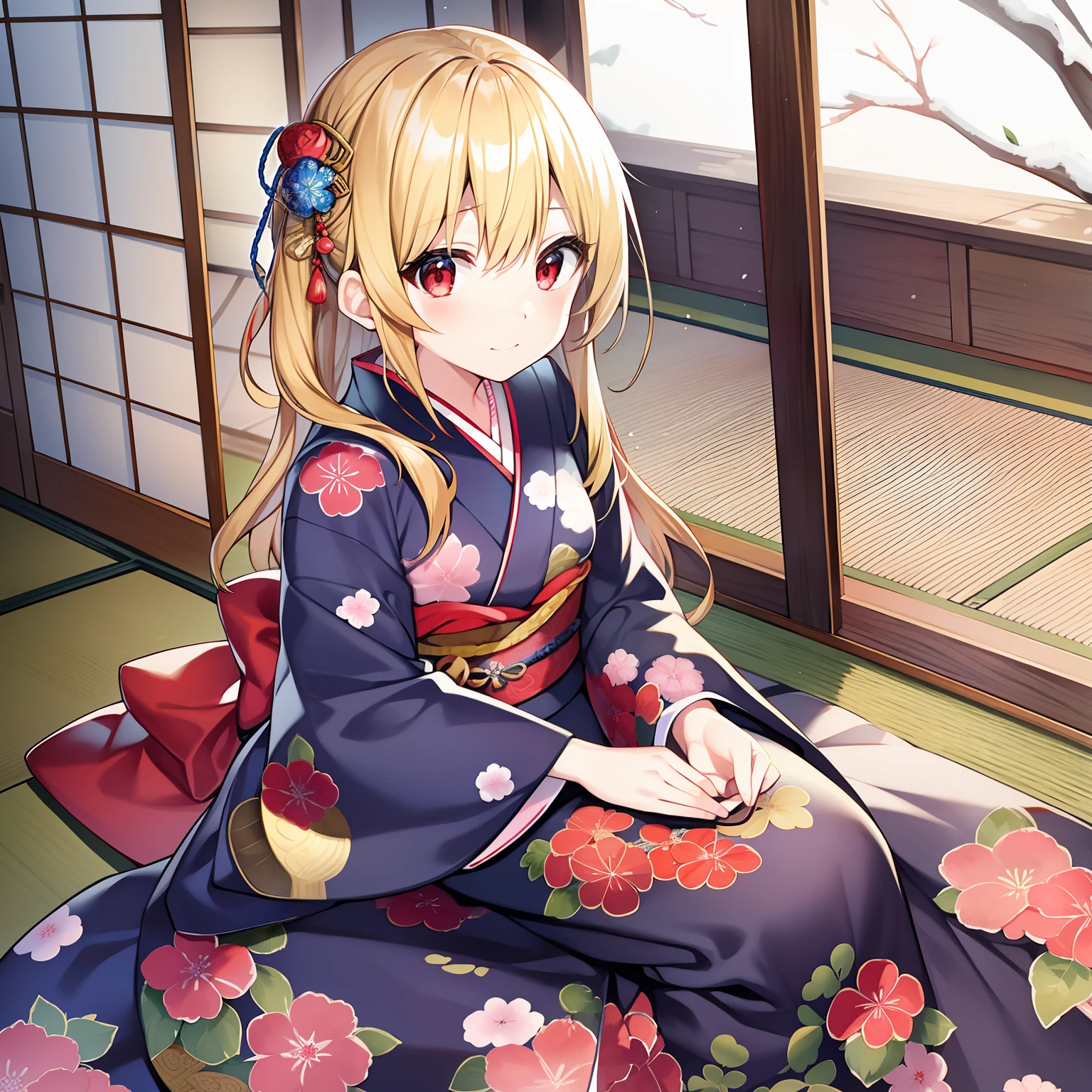 a blond、red eyes、Beautiful girl alone、独奏、animesque、Kimono、traditional Japanese room、sitting on