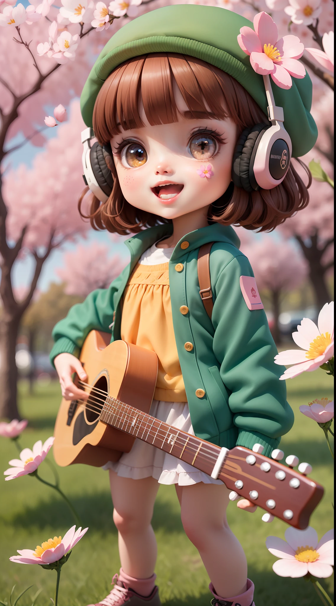 (masterpiece),(best quality),(ultra-detailed), (full body:1.2), 1girl,chibi,cute, smile, open mouth, flower, outdoors, playing guitar, music, beret, holding guitar, jacket, blush, tree, :3, shirt, short hair, cherry blossoms, green headwear, blurry, brown hair, blush stickers, long sleeves, bangs, headphones, black hair, pink flower, (beautiful detailed face), (beautiful detailed eyes),