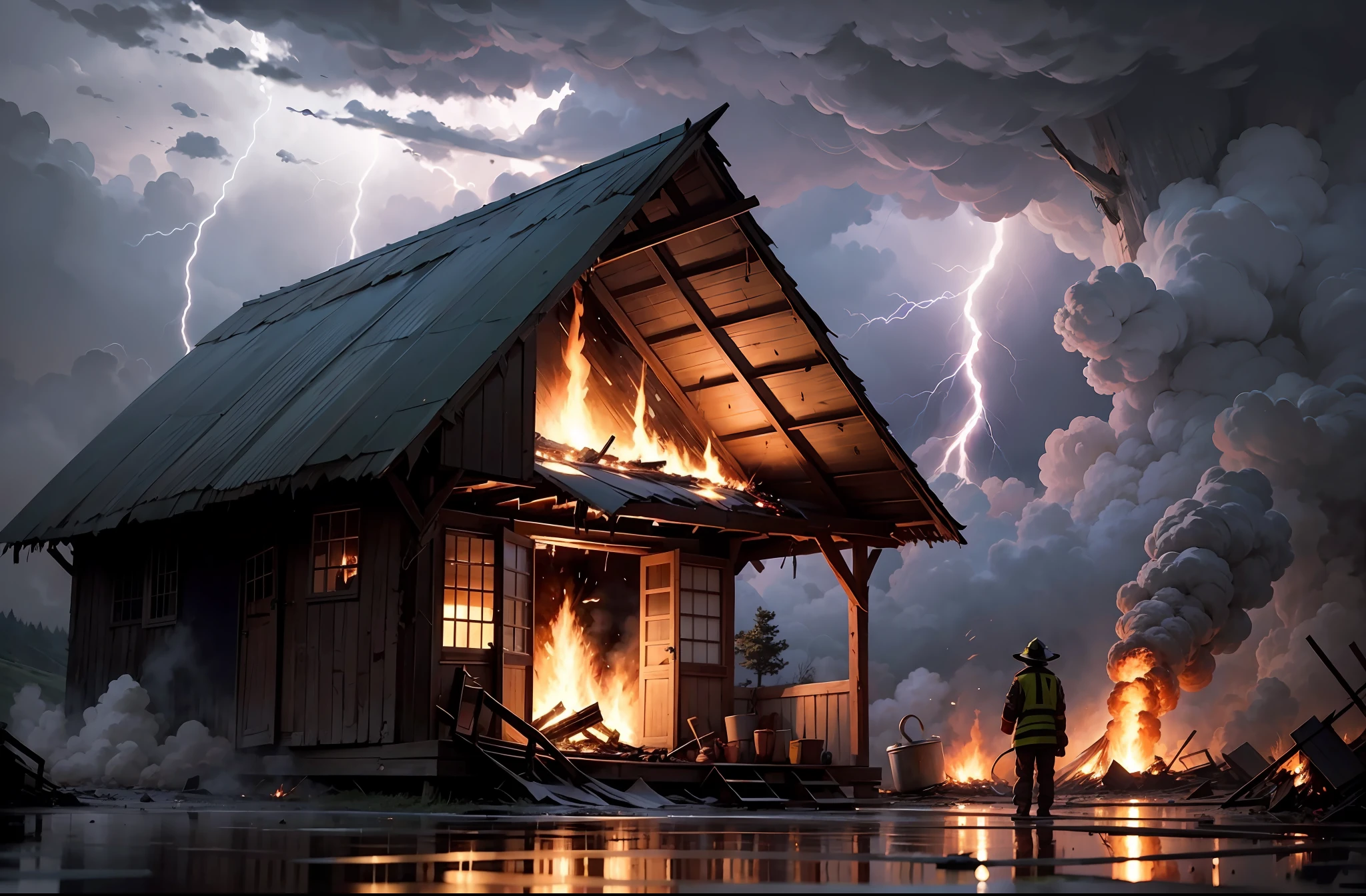 Search for photos of a hut on fire after being struck by lightning."anime style