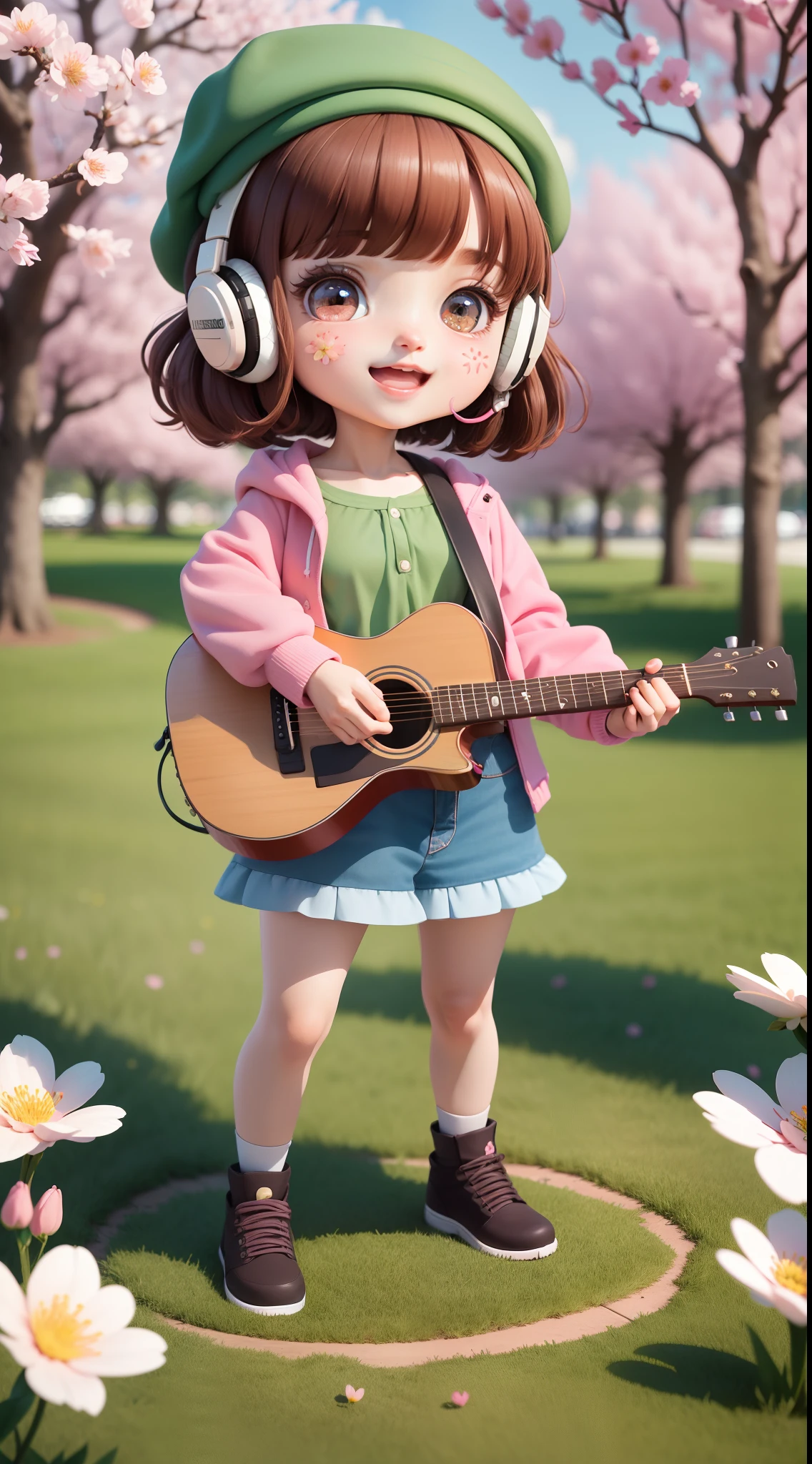 (masterpiece),(best quality),(ultra-detailed), (full body:1.2), 1girl,chibi,cute, smile, open mouth, flower, outdoors, playing guitar, music, beret, holding guitar, jacket, blush, tree, :3, shirt, short hair, cherry blossoms, green headwear, blurry, brown hair, blush stickers, long sleeves, bangs, headphones, black hair, pink flower, (beautiful detailed face), (beautiful detailed eyes),
