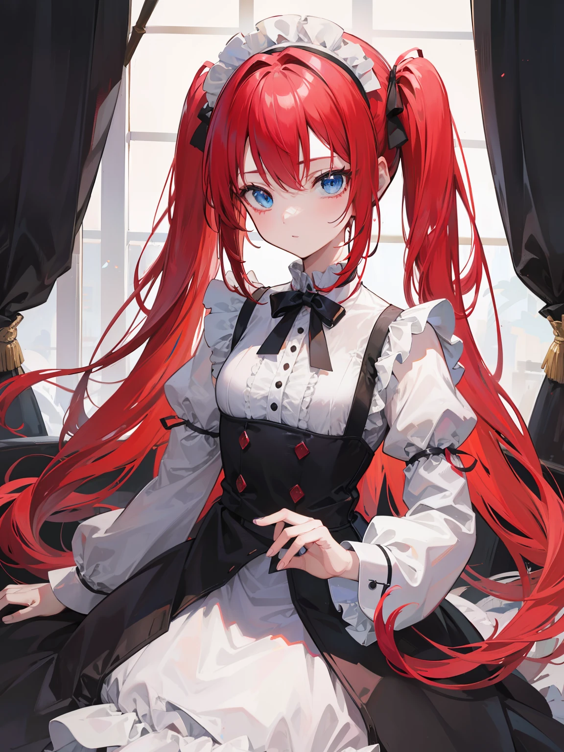 red hair,blue eyes,twintails,maid, long hair, long sleeves, gothic, solo, ,{{best quality}}, {{masterpiece}}, {{ultra-detailed}}, {illustration}, {detailed light}, {an extremely delicate and beautiful},