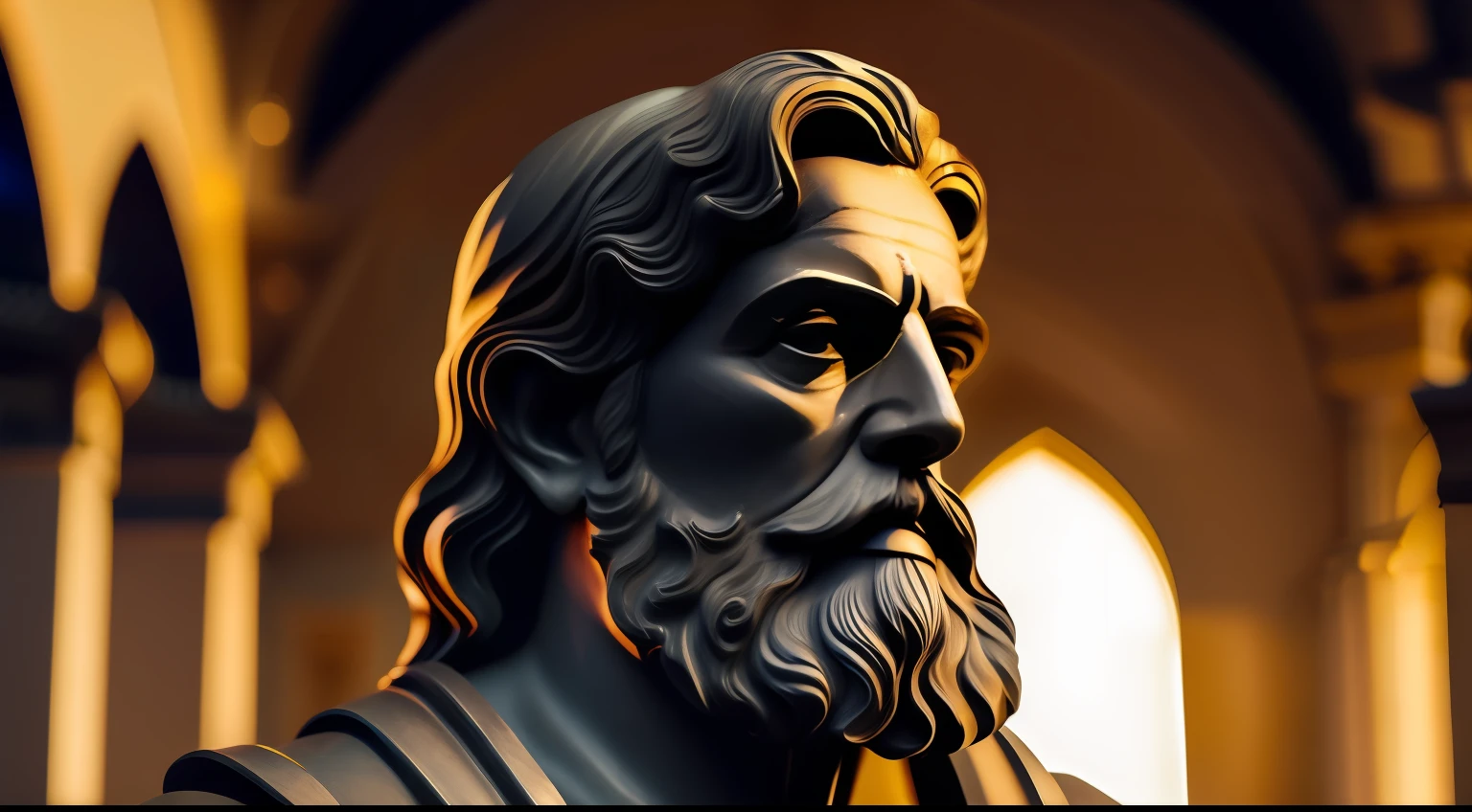 Foto de uma estatua de um deus grego, com barba, philosopher, com um templo ao fundo, 8k, cinematografia, epic light and shadow, muito contraste, fotografia profissional