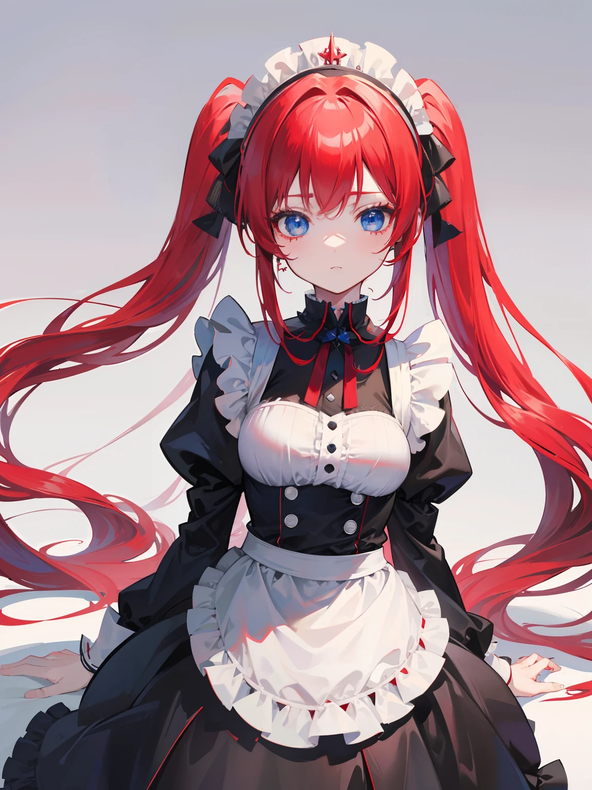 red hair,blue eyes,twintails,maid, long hair, long sleeves, gothic, solo, loli,{{best quality}}, {{masterpiece}}, {{ultra-detailed}}, {illustration}, {detailed light}, {an extremely delicate and beautiful},
