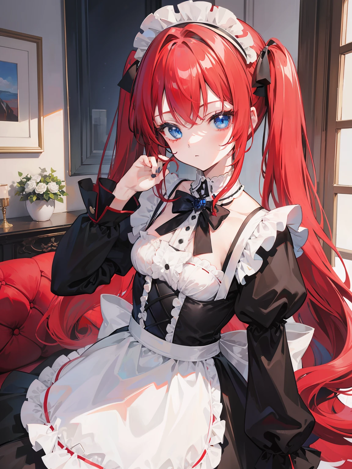 red hair,blue eyes,twintails,maid, long hair, long sleeves, gothic, solo, ,{{best quality}}, {{masterpiece}}, {{ultra-detailed}}, {illustration}, {detailed light}, {an extremely delicate and beautiful},