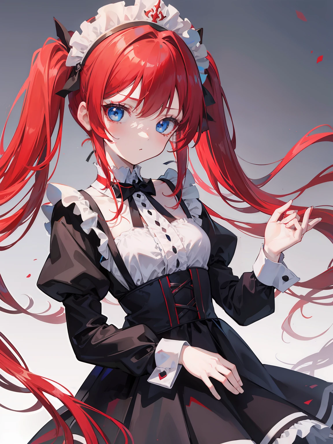 red hair,blue eyes,twintails,maid, long hair, long sleeves, gothic, solo, loli,{{best quality}}, {{masterpiece}}, {{ultra-detailed}}, {illustration}, {detailed light}, {an extremely delicate and beautiful},