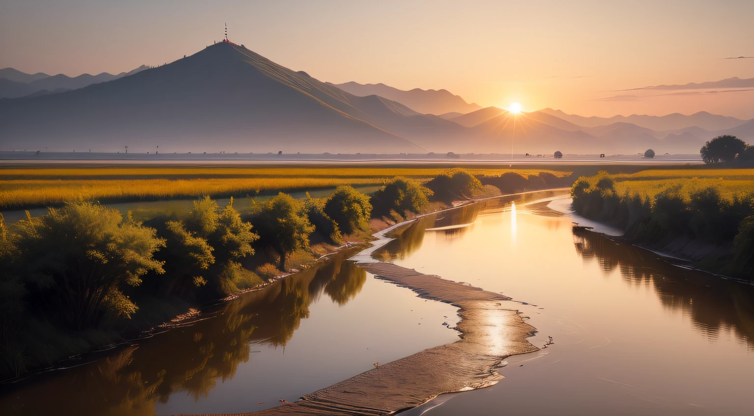 In the east of the Rakshasa Kingdom,A vast land of yellow mud spread,The sun rises on the horizon,Soft orange renders the entire sky。A clear river runs through the land,Microwaves rippling on the surface of the water,Reflect the beautiful scenery in the sky。Beside the riverbank,The yellow mud gradually became wet,It was as if they were quietly telling the story of the river's flow。