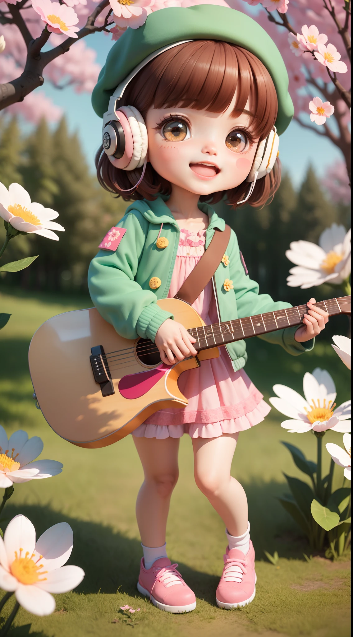 (masterpiece),(best quality),(ultra-detailed), (full body:1.2), 1girl,chibi,cute, smile, open mouth, flower, outdoors, playing guitar, music, beret, holding guitar, jacket, blush, tree, :3, shirt, short hair, cherry blossoms, green headwear, blurry, brown hair, blush stickers, long sleeves, bangs, headphones, black hair, pink flower, (beautiful detailed face), (beautiful detailed eyes),