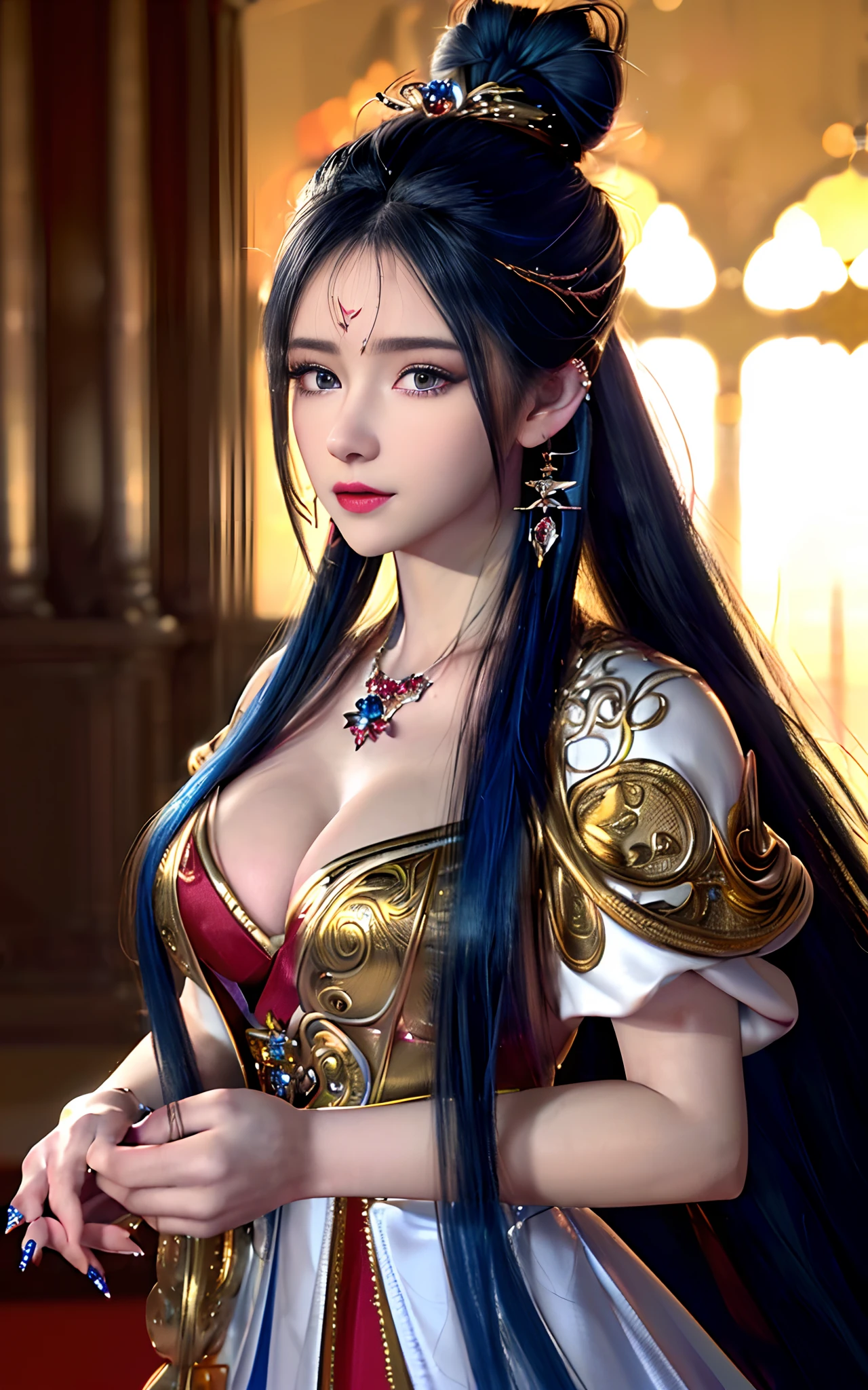 ((realisticity: 1.2)), ((realistic: 8K UHD)), ((best resolution: 8K UHD)), hyper detailed, best quality,masterpiece,highres,cg, ((1 girl hyper detailed and hyper realistic) ) , ((beautiful queen, hyper realistic and hyper detailed)),((white skin, beautiful, smooth, youthful, hyper realistic and hyper detailed )), ((Face hyper beautiful, white, hyper realistic and hyper detailed ) ), long hair, ((hyper realistic and hyper detailed dress)), solo, ((hyper realistic, hyper beautiful, beautiful and hyper detailed jewelry)), ((hyper beautiful deep red and golden yellow dress, hyper realistic and hyper detailed )) , ((Her pretty, hyper realistic, hyper detailed diamond filled earrings)), ((Her gorgeous diamond haircut, hyper realistic and hyper detailed)), ((hyper pretty upper body, hyper beautiful, hyper realistic and hyper detailed) ), ((medium breast: 1.5)), ((hyper realistic, hyper pretty, hyper detailed boobs)), ((the backgroun of the royal palace is hyper majestic, hyper realistic and hyper detailed)),((hands and palms hyper beautiful, hyper detailed, hyper realistic)), ((hyper detailed and hyper realistic fingers and fingernails)), ((hyper pretty, hyper pretty, hyper realistic and hyper detailed hair bun)), ((hyper pretty , hyper realistic and hyper detailed blue hair)), candid, Photo, high resolution, 8k , bokeh,