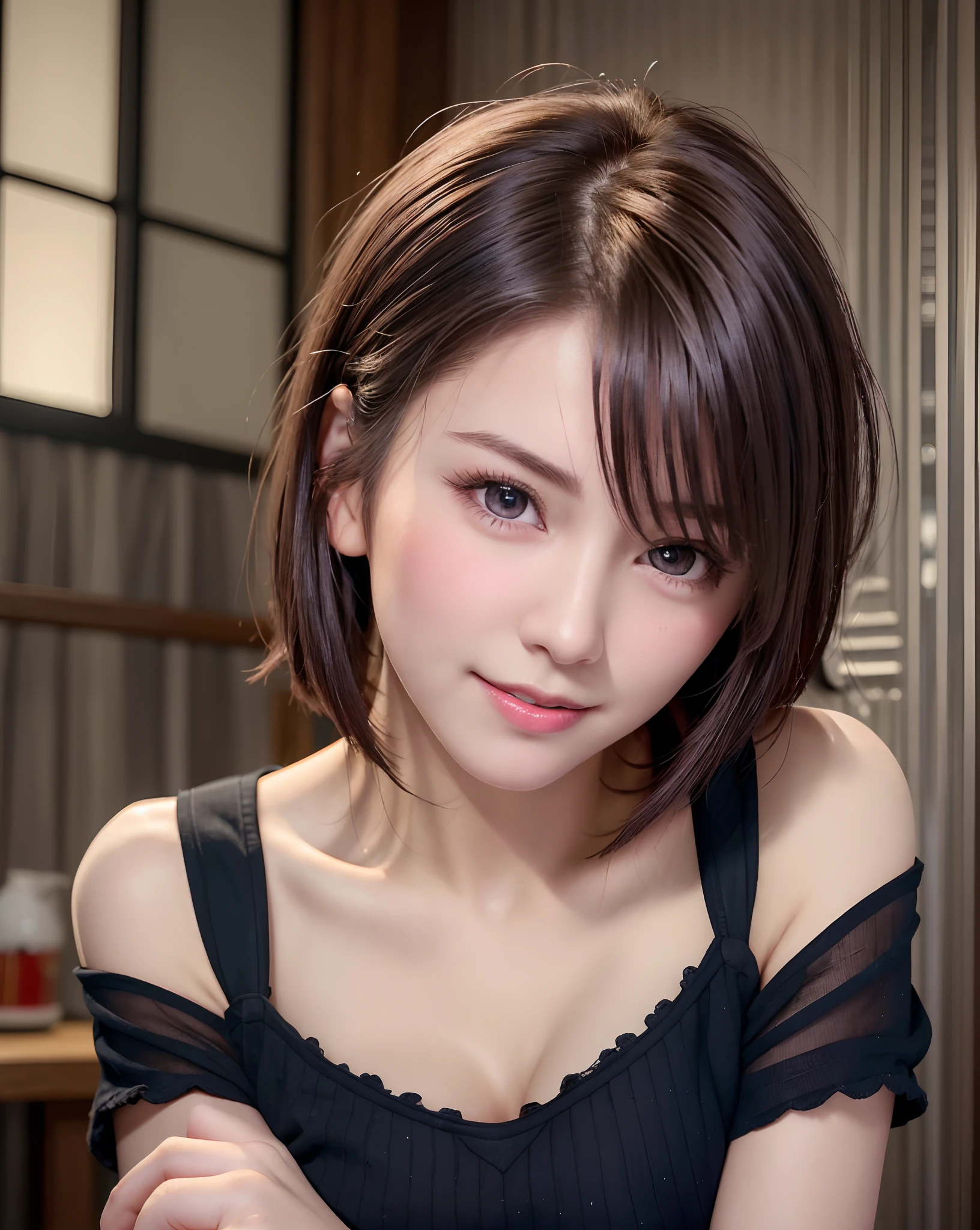 Best Quality, Ultra High Resolution, (Photorealistic: 1.4), Beautiful Eyes, Super Beautiful, Very Short Hair, Beautiful, Sweetheart, T-shirt with Rough Chest, Beautiful Soldier, Eyes That Invite Viewer, Lover's Perspective, Inviting Expression, Sexy Smile, Perfect Style, Perfect Balance, Detailed Skin, Naughty Gaze, Chest Visible