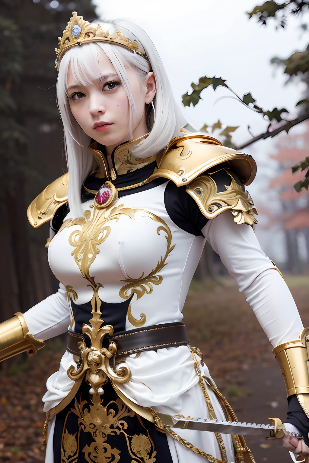 (masutepiece), Professional , ​masterpiece、top-quality、photos realistic , depth of fields （Silver Metal Body:1.９),(Matte White、 Gold Weapon_（Metal:1.４),Gorgeous metal weapons , Detailed Sword of the Brave , Beautiful knife   ,warhammer 40k , adepta sororitas,Detailed and ornate crown、silber hair、Gangle Forest Background、