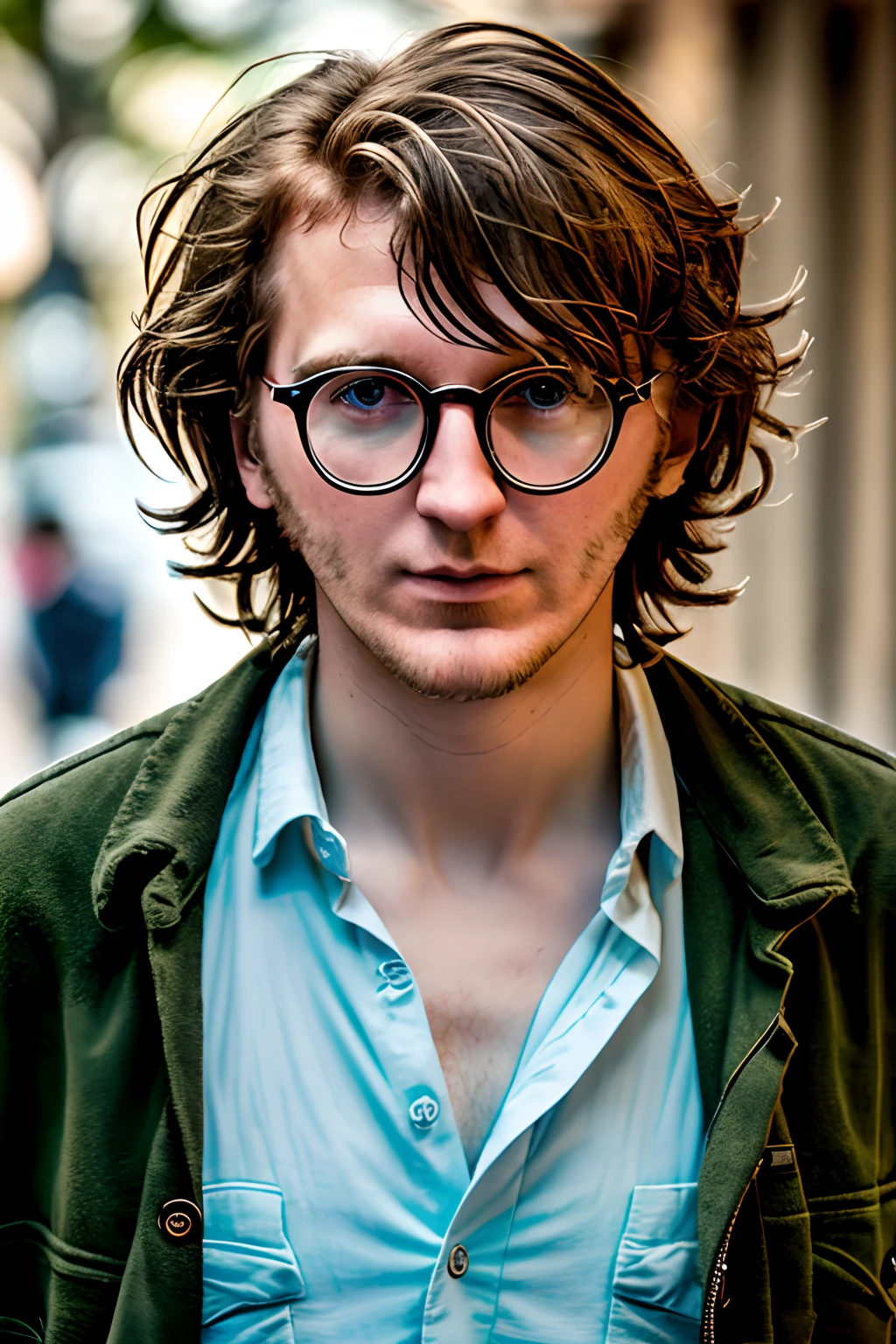 a young man standing in a shaggy jacket, hair messy, no centro da cidade em uma meia-noite chuvosa, parte superior do corpo, close, Thin-framed glasses, (Looking at camera: 1.3), [graves], desgrenhado, malicious expression, candid, amador, (cru, 8k, uhd, fujifilm xt3), Crisp and menacing lighting,