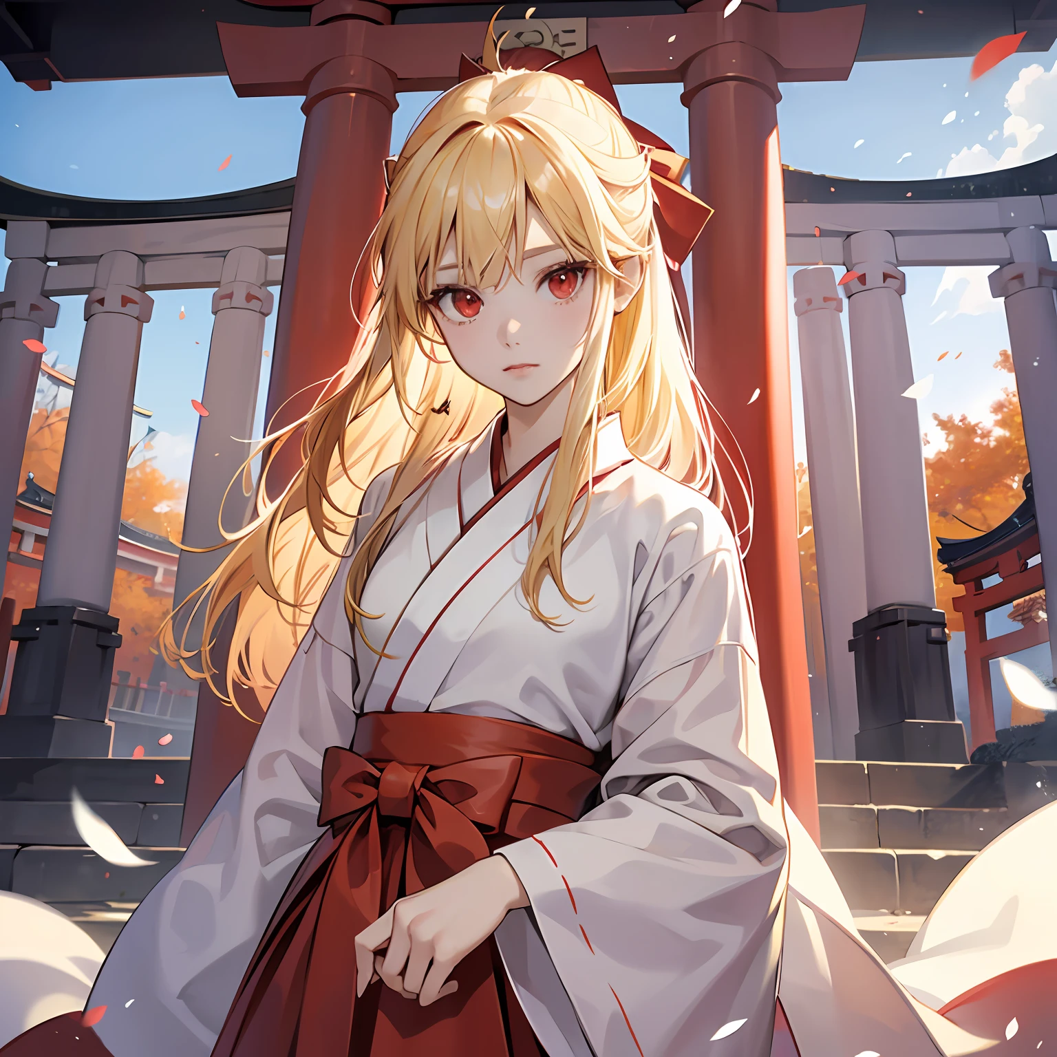 a blond、red eyes、Beautiful girl alone、独奏、animesque、White priestess uniform、Red Hakama、Lots of torii gates --auto
