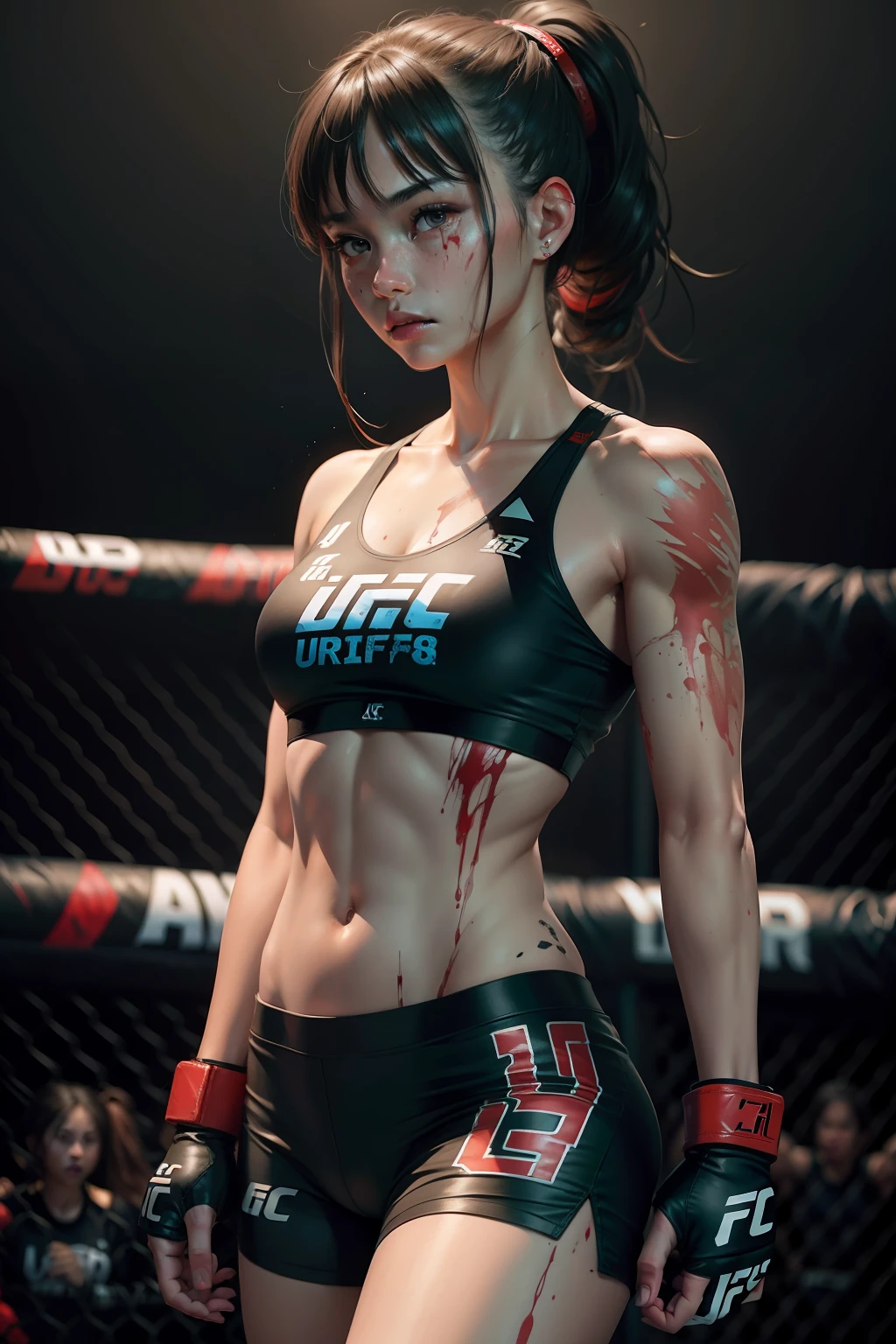 UFC,Fighting girl,18yo girl,There are wounds and blood,Realistic painting style,8K,Masterpiece