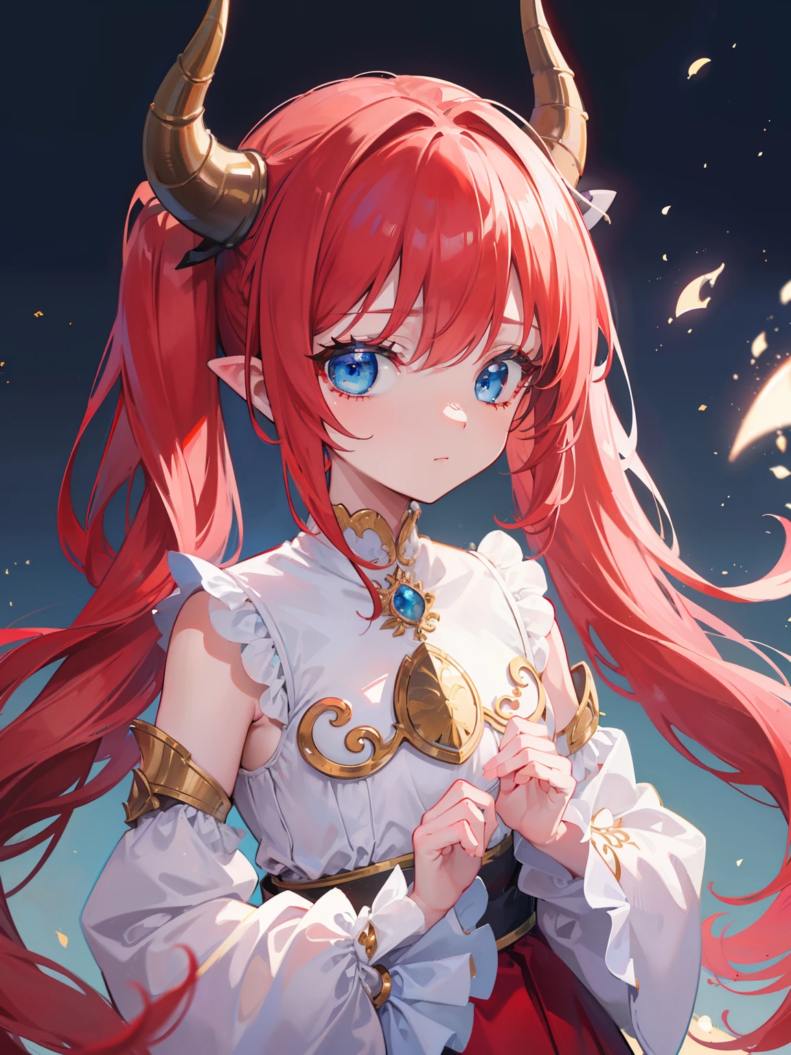 {{best quality}}, {{masterpiece}}, {{ultra-detailed}}, {illustration}, {detailed light}, {an extremely delicate and beautiful},Dragon Horns, girl, solo, Twintails, red hair, blue eyes, cute, fantasy, fantasy style, Dragon Girl,loli,little girl,