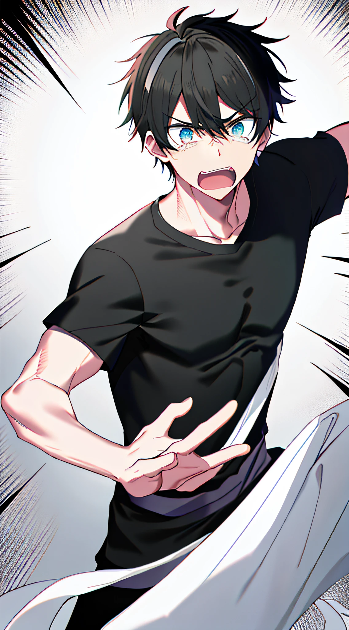 head band(White strips of cloth)Men wear(Black T-shirt and black trousers)Face carrying(The expression of opening his mouth and crying loudly),