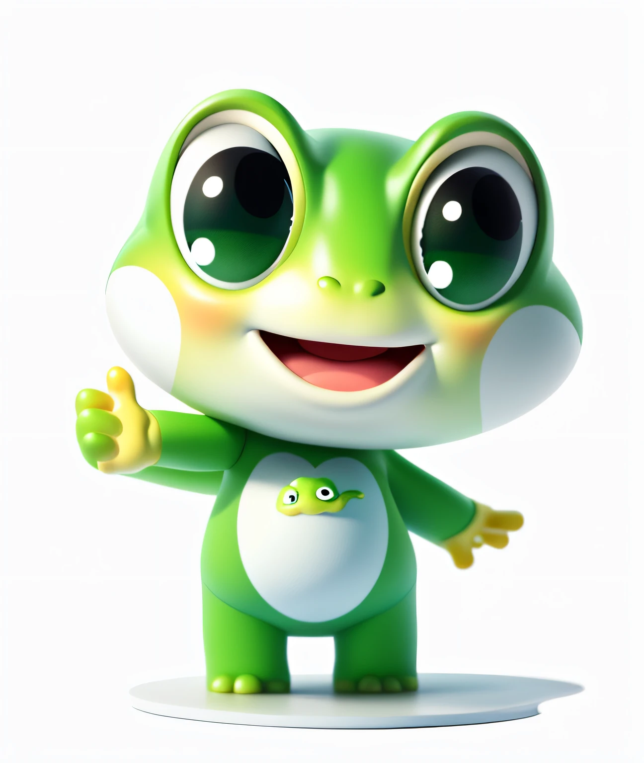 Best quality at best,tmasterpiece,A high resolution,ultraclear,Simple white background,Green frog,Cute frog character,3Drenderingof,an animated character,There are cloud shading on the chest,Black colored eyes