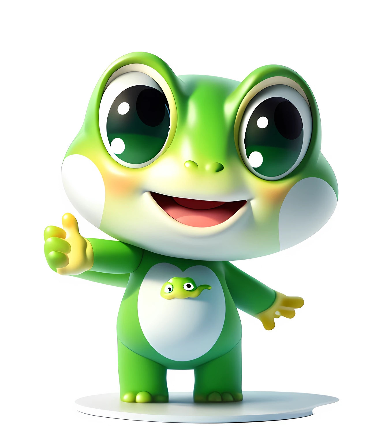 Best quality at best，tmasterpiece，A high resolution，ultraclear，Simple white background，Green frog，Cute frog character，3Drenderingof，an animated character，There are cloud shading on the chest，Black colored eyes