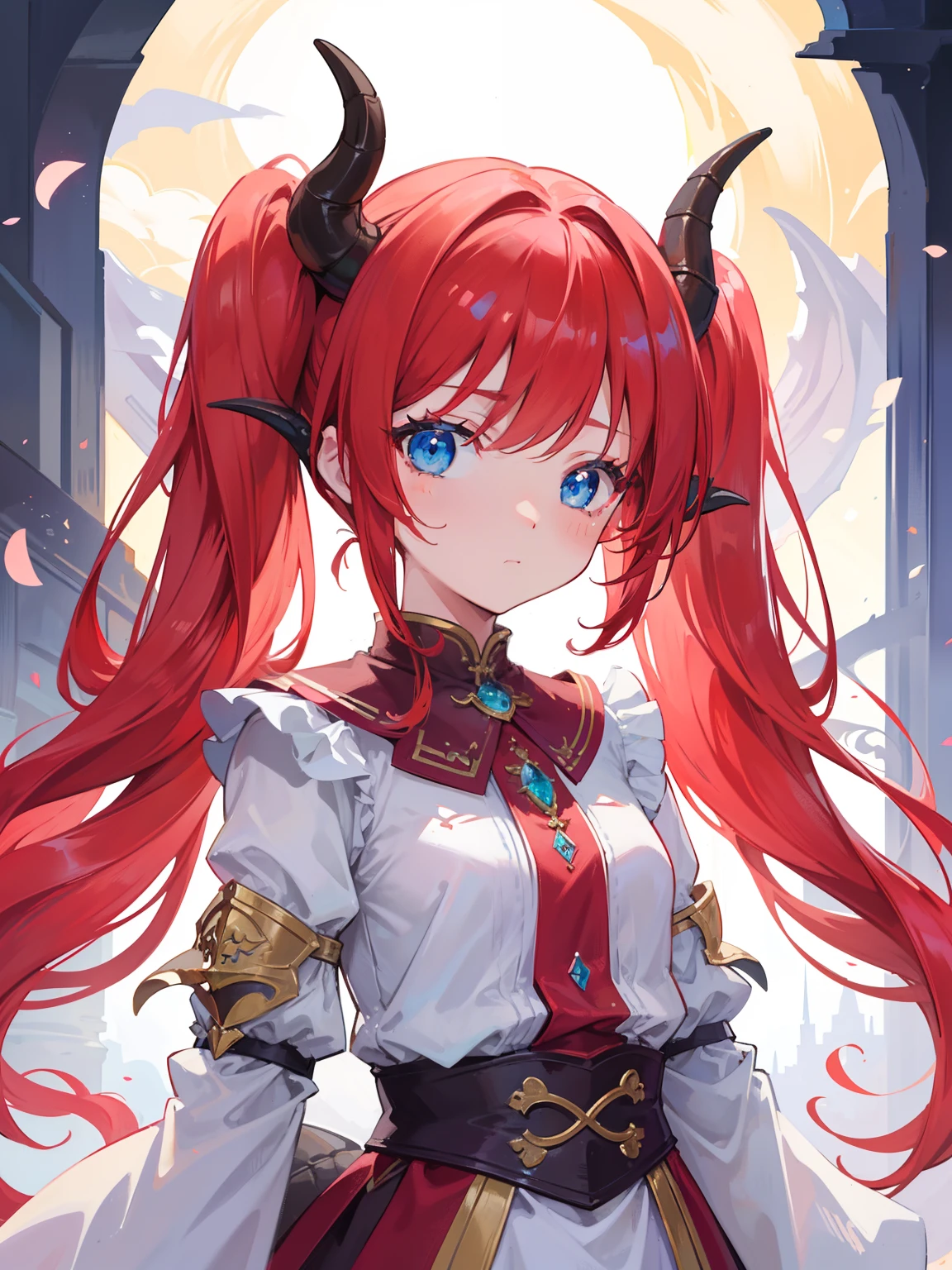 {{best quality}}, {{masterpiece}}, {{ultra-detailed}}, {illustration}, {detailed light}, {an extremely delicate and beautiful},Dragon Horns, girl, solo, Twintails, red hair, blue eyes, cute, fantasy, fantasy style, Dragon Girl,loli,little girl,