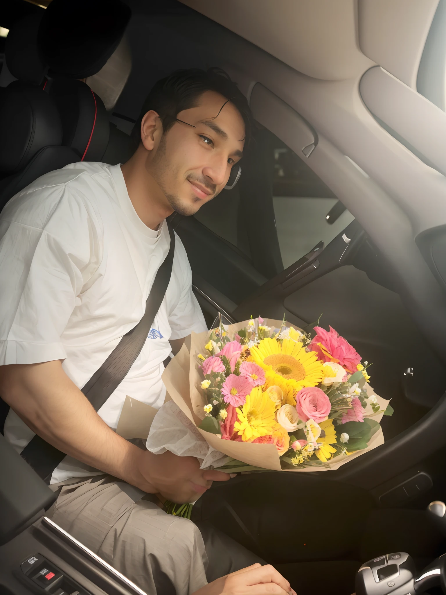 There was a man sitting in the car，holds a bouquet of flowers, With flowers, cheerfulness!!!, Middle metaverse, carrying flowers, He is! about 3 0 , very very happy!, Holding flowers, 2 3 years old, he is about 2 5 years old, exclusive, happy birthay, taken with sony alpha 9