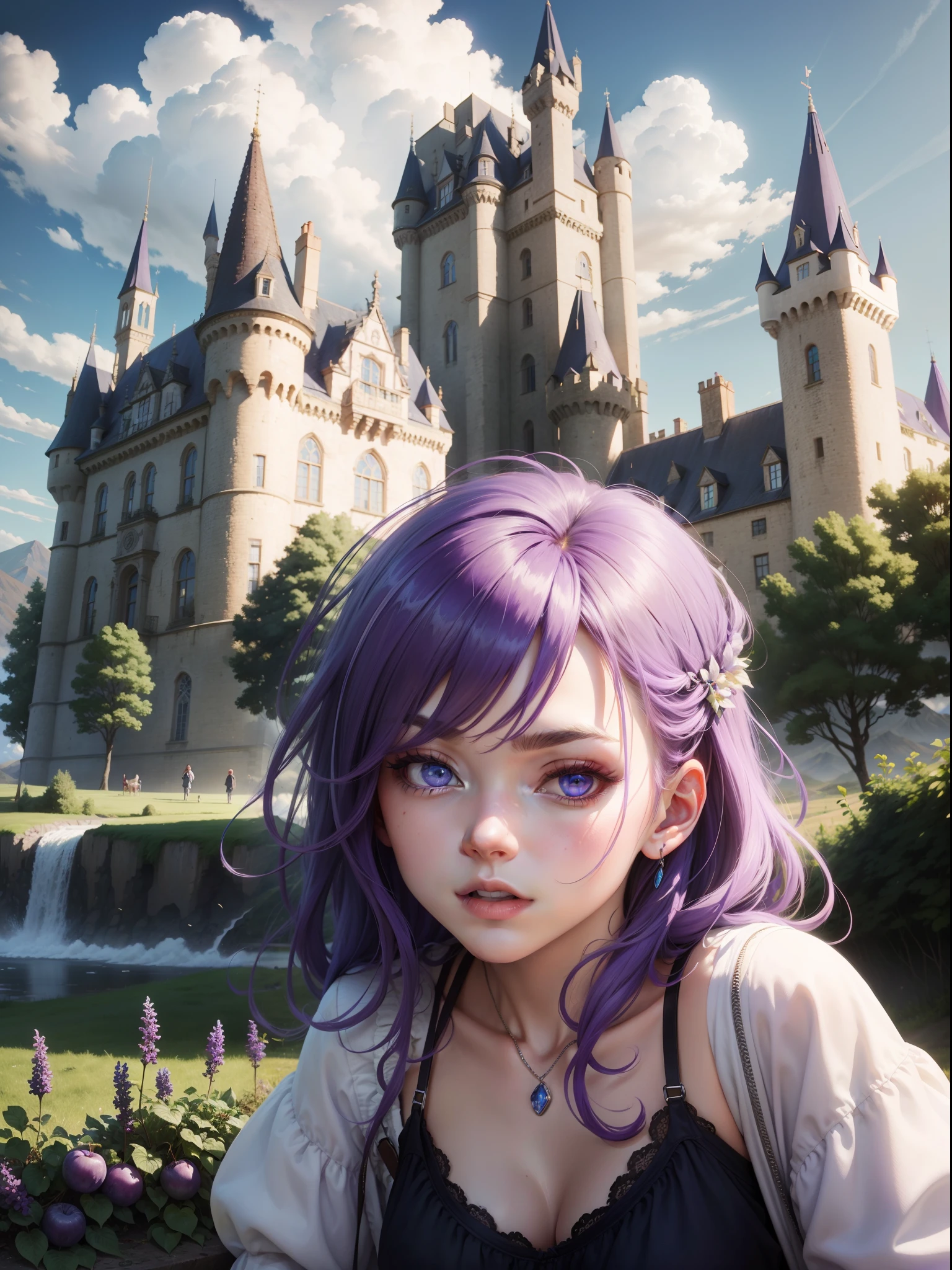 lucy,purple hair, blue eyes, white appron, clouds, castle in the background, mountain ranges, fruit falling, half closed eyes