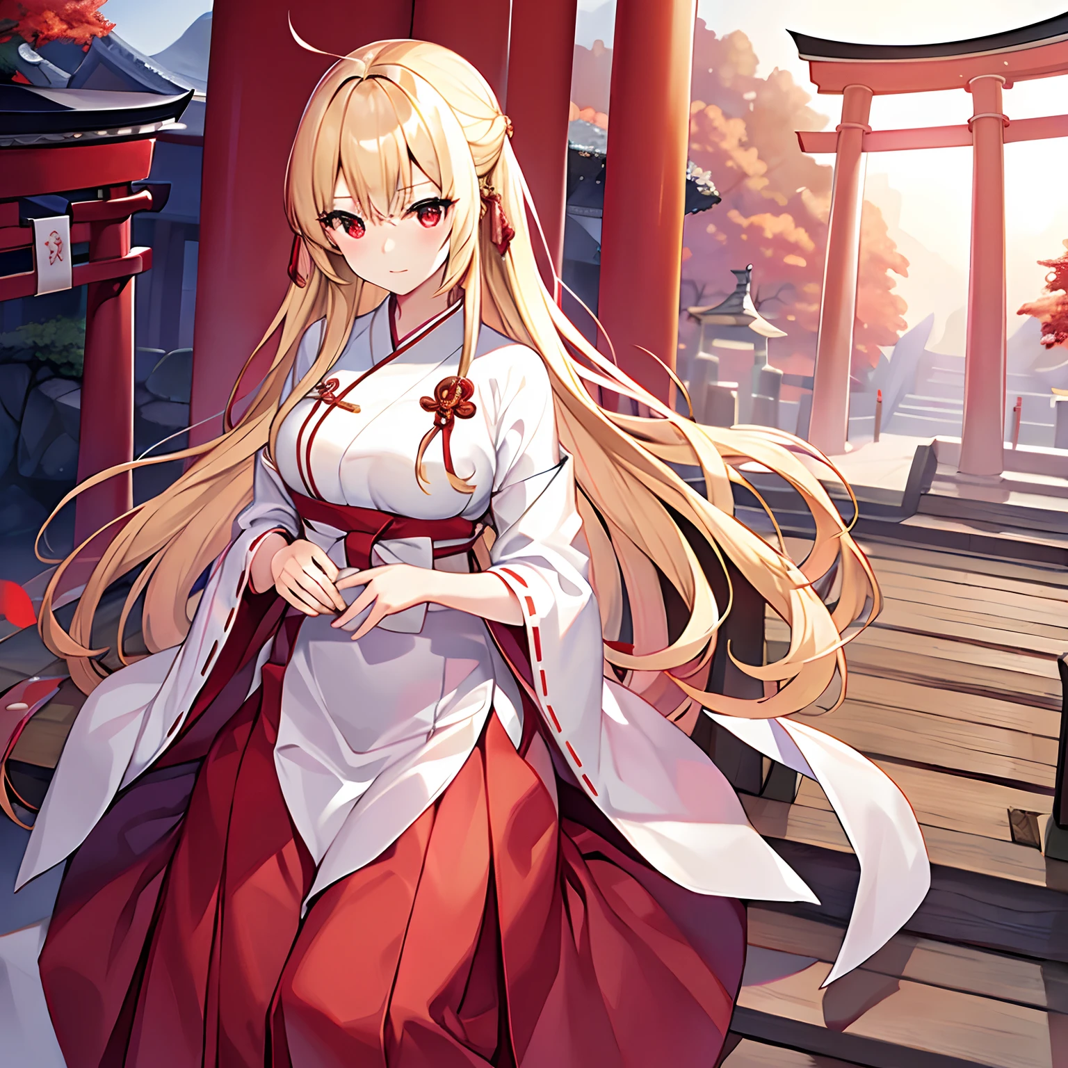 a blond、red eyes、Beautiful girl alone、独奏、animesque、White priestess uniform、Red Hakama、torii gate