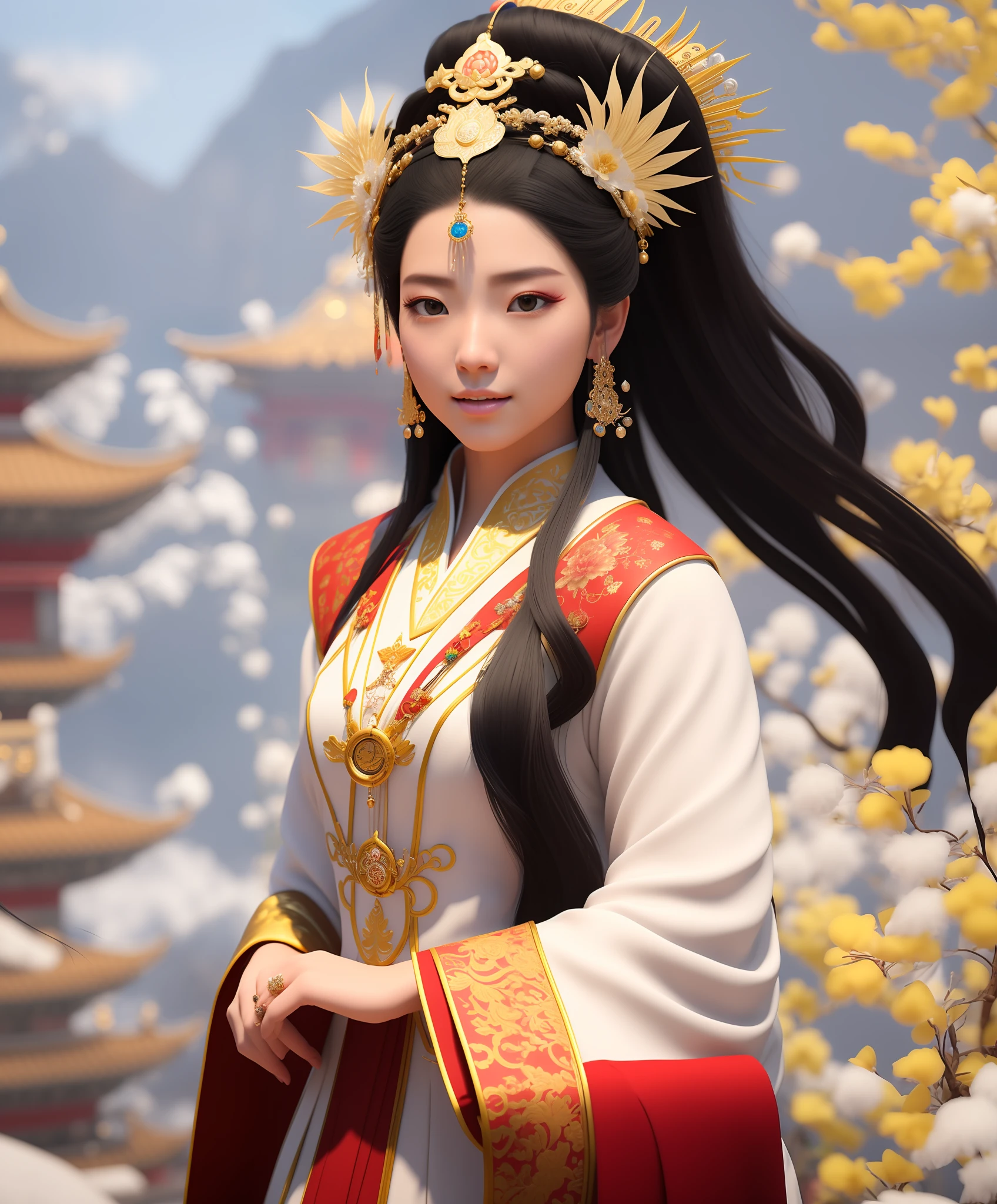 Alafi woman in white dress，Snow-white hair wears a gold headdress and a red wallet，Popular on CGstation，A beautiful fantasy queen，Popular in CGSTATION，3 D rendering character art 8 K，8k high-quality detailed art，Beautiful rendering of the Tang Dynasty，inspired by Lan Ying，ChineseGirl，palaces，a girl in hanfu，inspired by Huang Ji