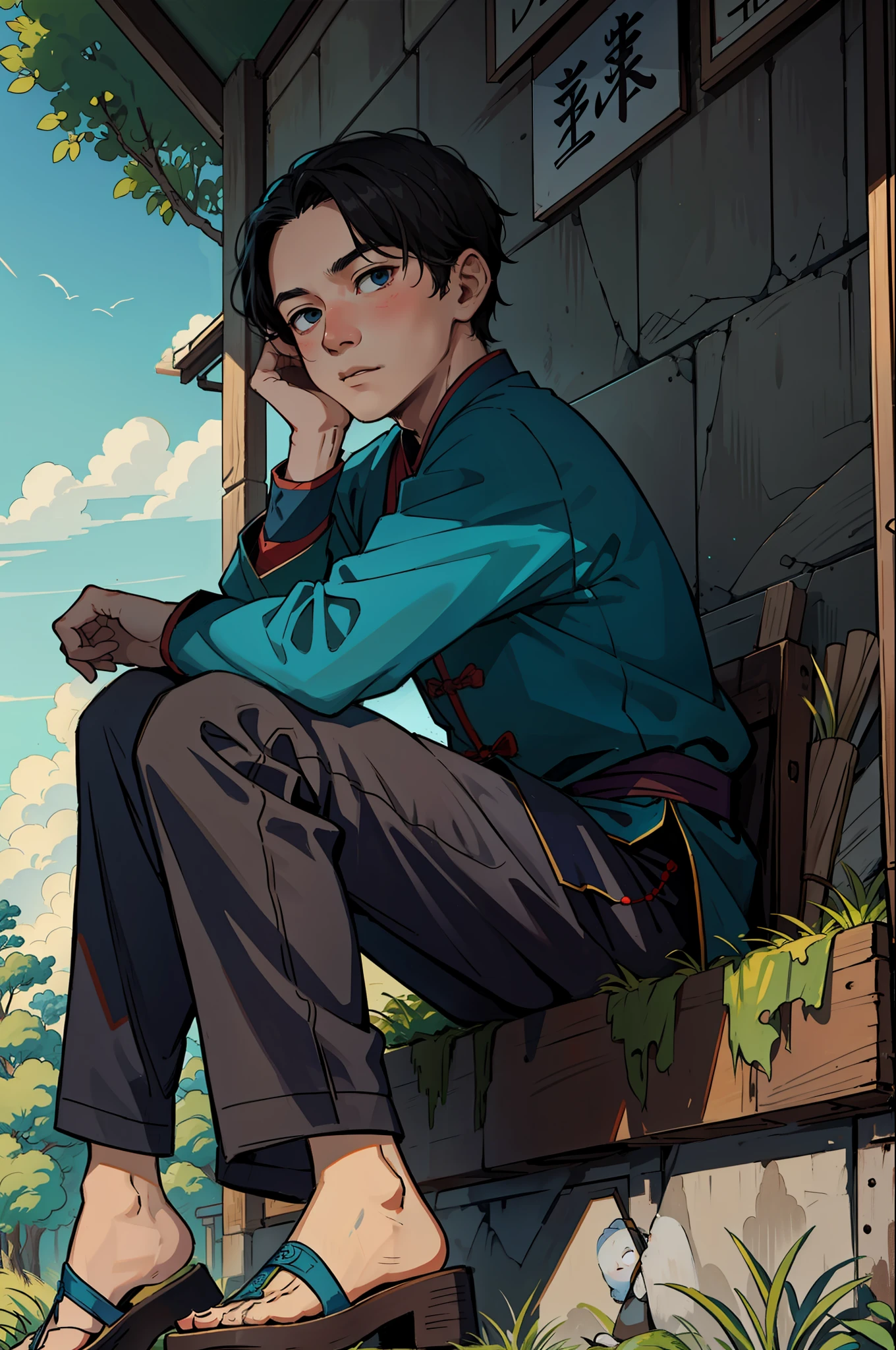 Tang dynasty clothing、The little boy sat innocently by the window，Forest in the distance、blue-sky，Highlight cartoon caricatures with outstanding details