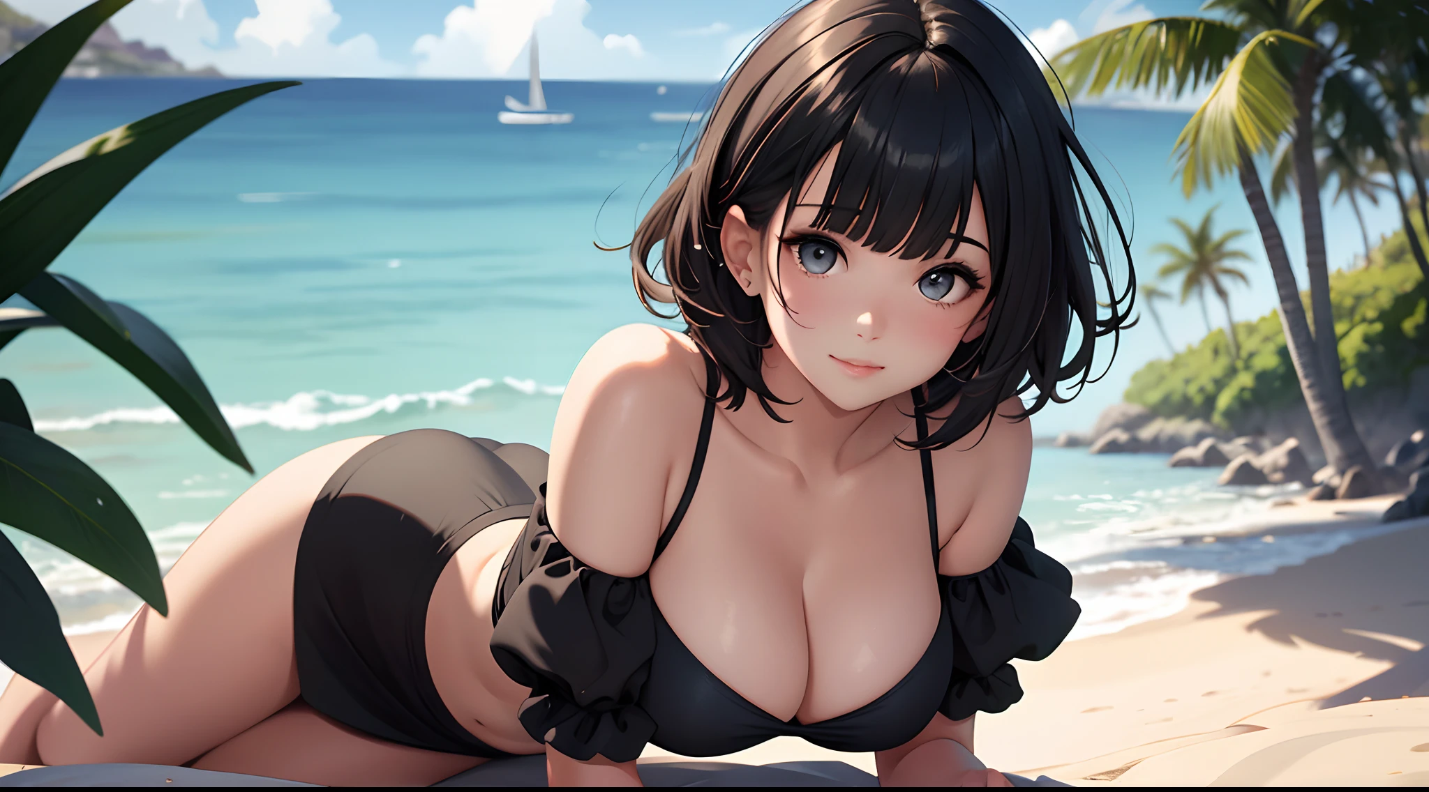 (Best quality:1.1), (Masterpiece:1.2), Highqualityshadow, Beautiful detailed, Beautiful face, Detailed eyes, Off-the-shoulder attire,Depth of field, A high resolution, Best shadow, Best illumination, 1girll, view the viewer, (Five-color hair:1.3),Brush cut,extra very short hair, Blunt bangs, Long hair, Black eyes, Shy, Large breasts, Miniskirt, swim wears, Pump, sea beach,Greenery,clouds, Sunburn,Boo marker,cleavage,looks into camera,ssmile,closeup cleavage,Superskirt
