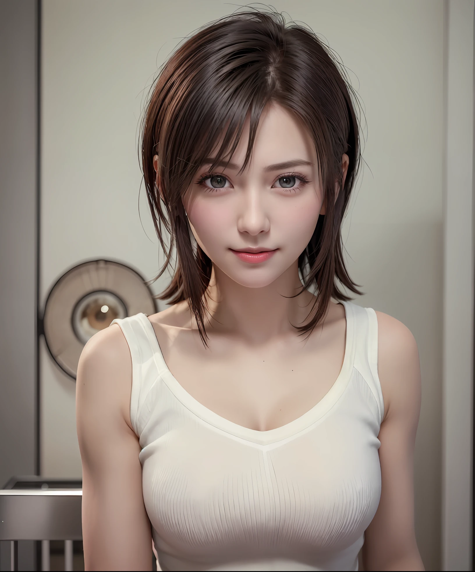 Best Quality, Ultra High Resolution, (Photorealistic: 1.4), Beautiful Eyes, Super Beautiful, Very Short Hair, Beautiful, Sweetheart, T-shirt with Rough Chest, Beautiful Soldier, Eyes That Invite Viewer, Lover's Perspective, Inviting Expression, Sexy Smile, Perfect Style, Perfect Balance, Detailed Skin, Naughty Gaze, Chest Visible
