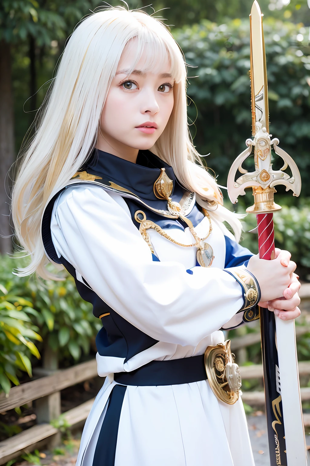 (masutepiece), Professional , masterpiece、top-quality、photos realistic , depth of fields (Silver Metal Body:1.9),(Matte White、 Gold Weapon_(Metal:1.4),Gorgeous metal weapons , Detailed Sword of the Brave , Beautiful knife ,warhammer 40k , adepta sororitas,Detailed and ornate crown、silber hair、Gangle's forest background、