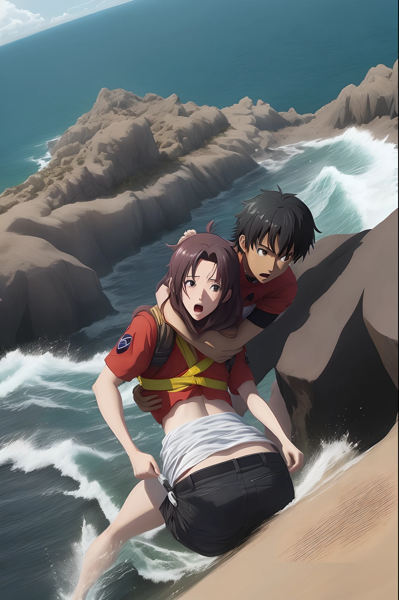 Show me images of someone being rescued from an island."in anime style