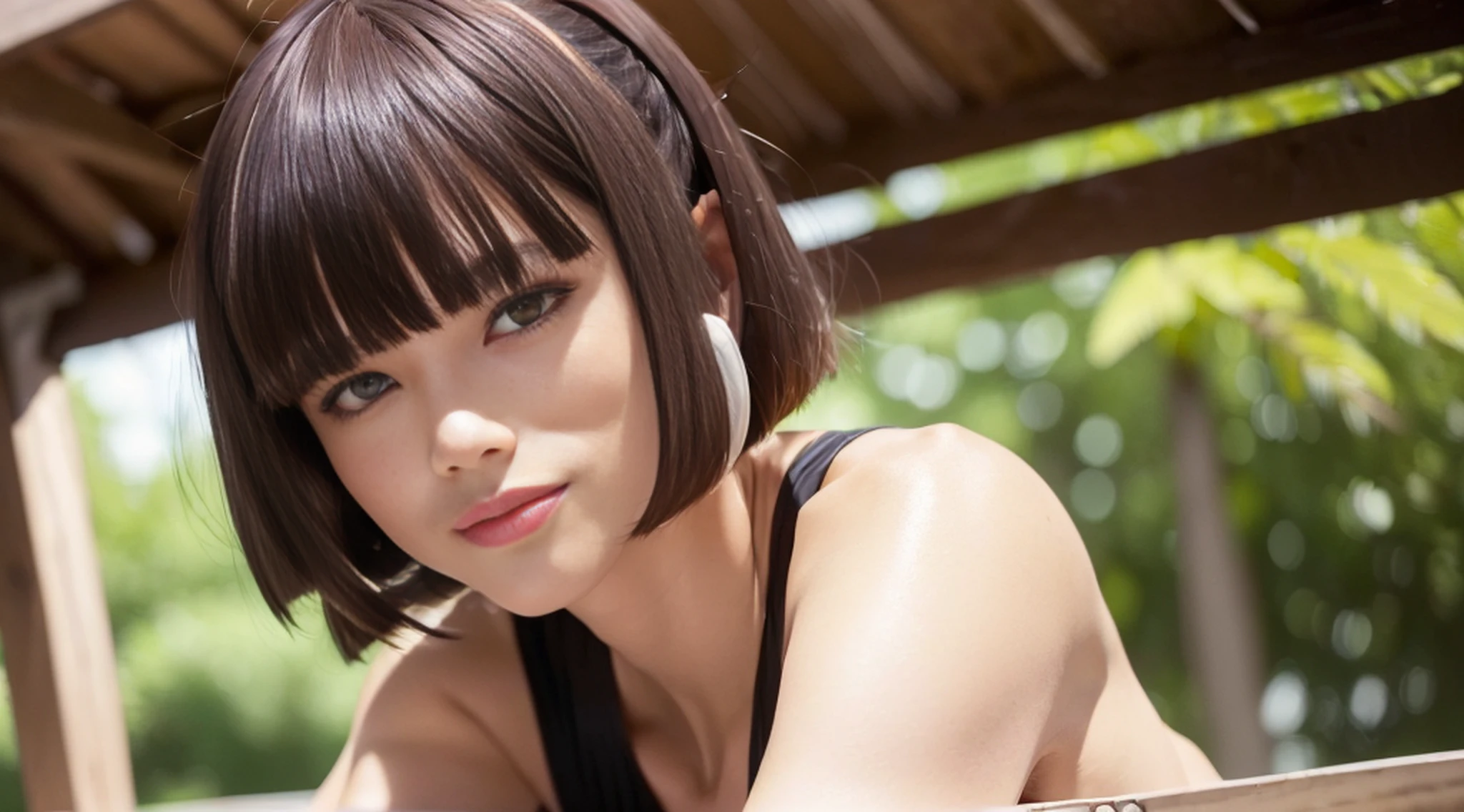 There is only one person in a picture, Sophie Marceau, (tsurime:1.6), （Fox Eyes：1.1）, (half-closed eyes:1.2), (high cheekbones:1.4), extreme beautiful, Age 18 years, Side face bust, (Bob Hairstyles:1.5), Straighten hair, (Neat bangs:2.2), (Thick bangs: 2.2), (Bangs that cover the eyebrows: 2.2), (Smile:1.2), (with fair skin:1.5), 中景 the scene is, best qualtiy, (tmasterpiece：1.5), （realisticlying：1.37）, ultra - detailed, one color background, A high resolution, Reflectors, (Pastel color: 1.2), the golden ratio, realistic, torogao, Perfect iris, Cinematic lighting, god rays, 8K, ccurate, Textured skin