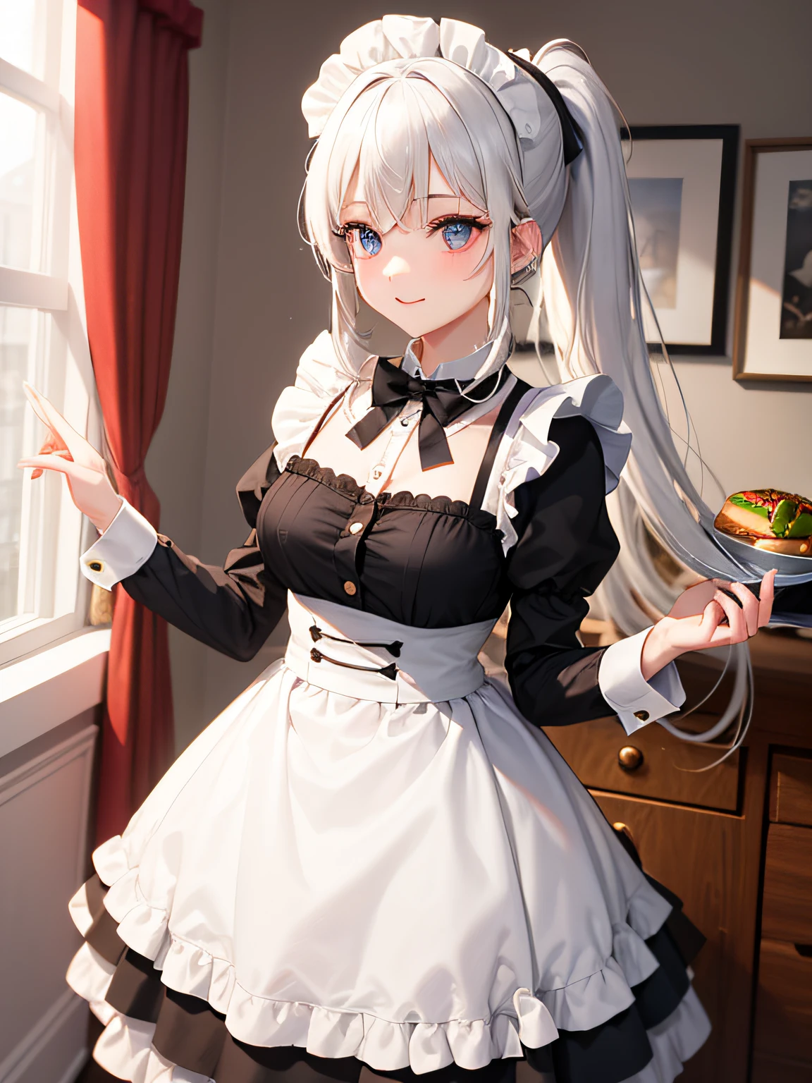 double-ponytail，white color hair，a beauty girl，the maid outfit，borgar