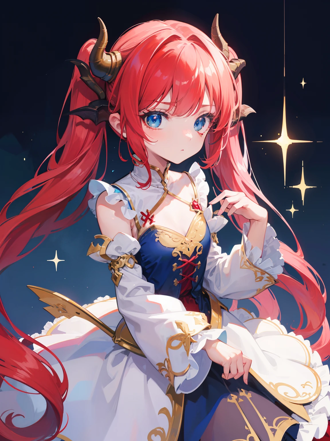 {{best quality}}, {{masterpiece}}, {{ultra-detailed}}, {illustration}, {detailed light}, {an extremely delicate and beautiful},Dragon Horns, girl, solo, Twintails, red hair, blue eyes, cute, fantasy, fantasy style, Dragon Girl,loli,little girl,