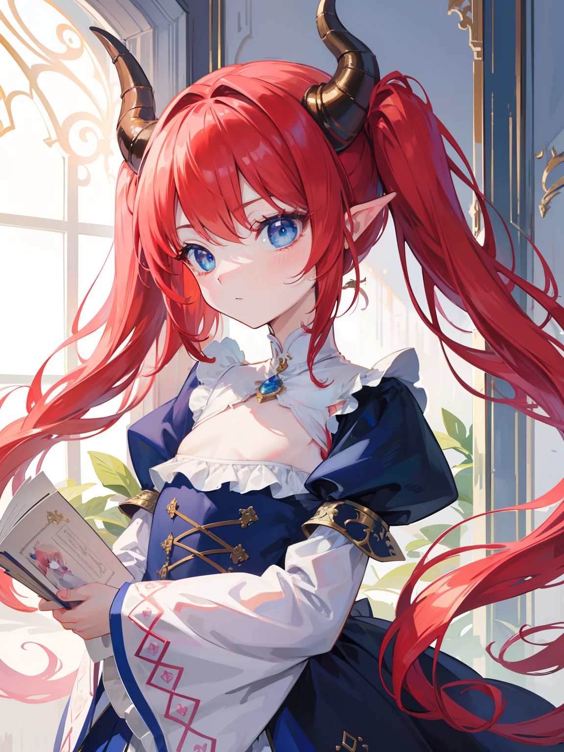 {{best quality}}, {{masterpiece}}, {{ultra-detailed}}, {illustration}, {detailed light}, {an extremely delicate and beautiful},Dragon Horns, girl, solo, Twintails, red hair, blue eyes, cute, fantasy, fantasy style, Dragon Girl,loli,little girl,
