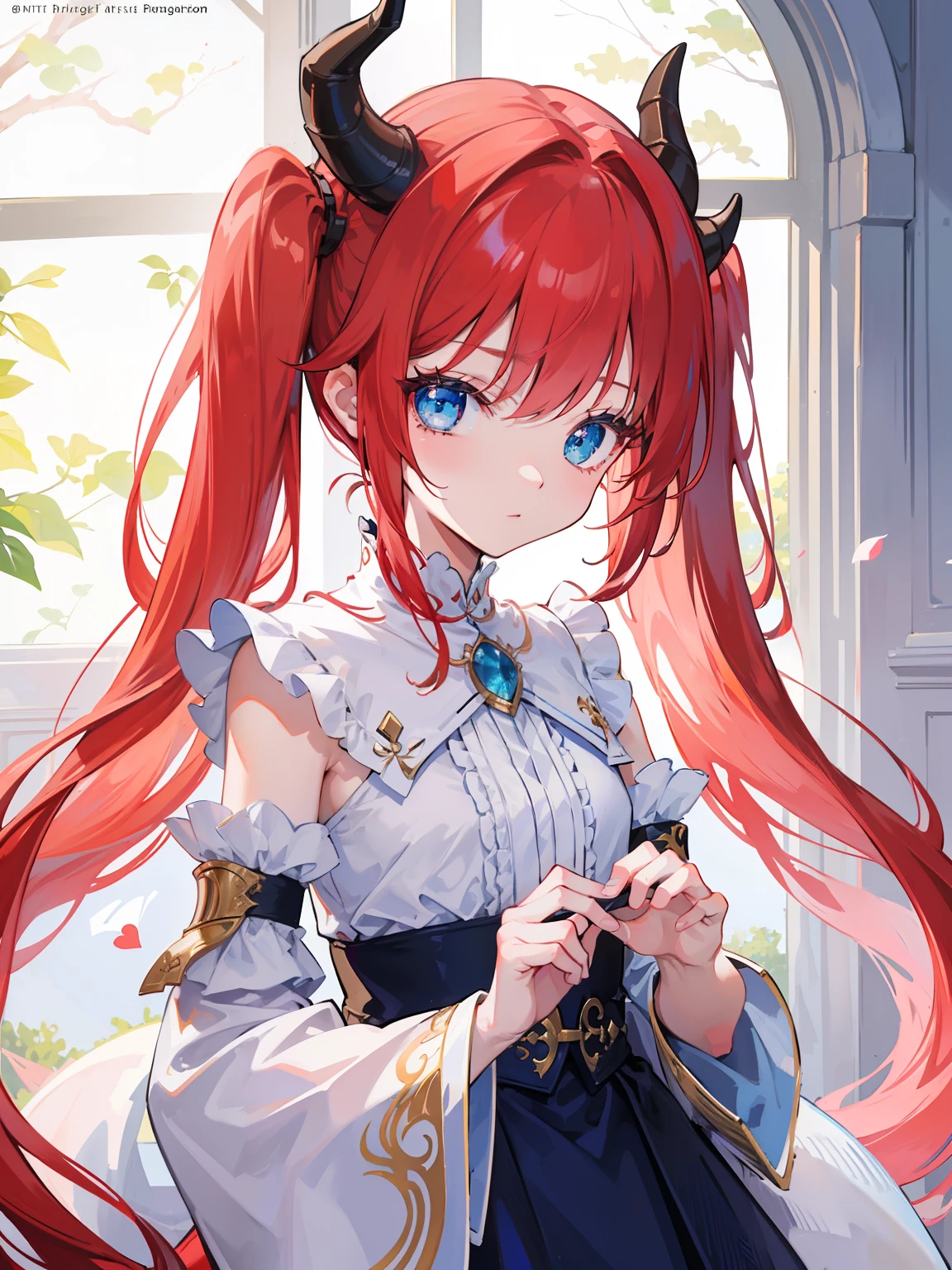 {{best quality}}, {{masterpiece}}, {{ultra-detailed}}, {illustration}, {detailed light}, {an extremely delicate and beautiful},Dragon Horns, girl, solo, Twintails, red hair, blue eyes, cute, fantasy, fantasy style, Dragon Girl,,litt
