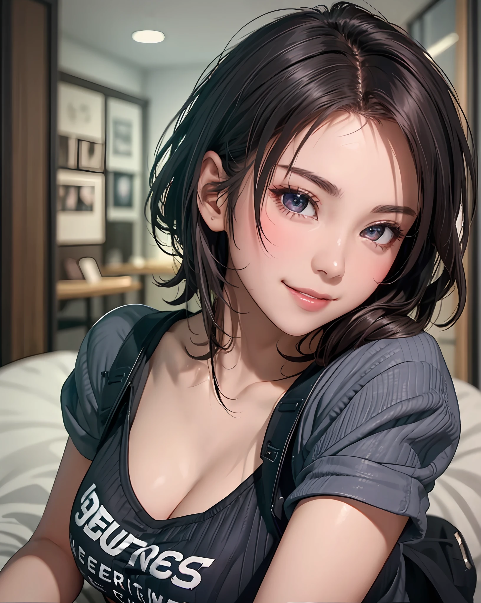 Best Quality, Ultra High Resolution, (Photorealistic: 1.4), Beautiful Eyes, Super Beautiful, Very Short Hair, Beautiful, Sweetheart, T-shirt with Rough Chest, Beautiful Soldier, Eyes That Invite Viewer, Lover's Perspective, Inviting Expression, Sexy Smile, Perfect Style, Perfect Balance, Detailed Skin, Naughty Gaze, Chest Visible