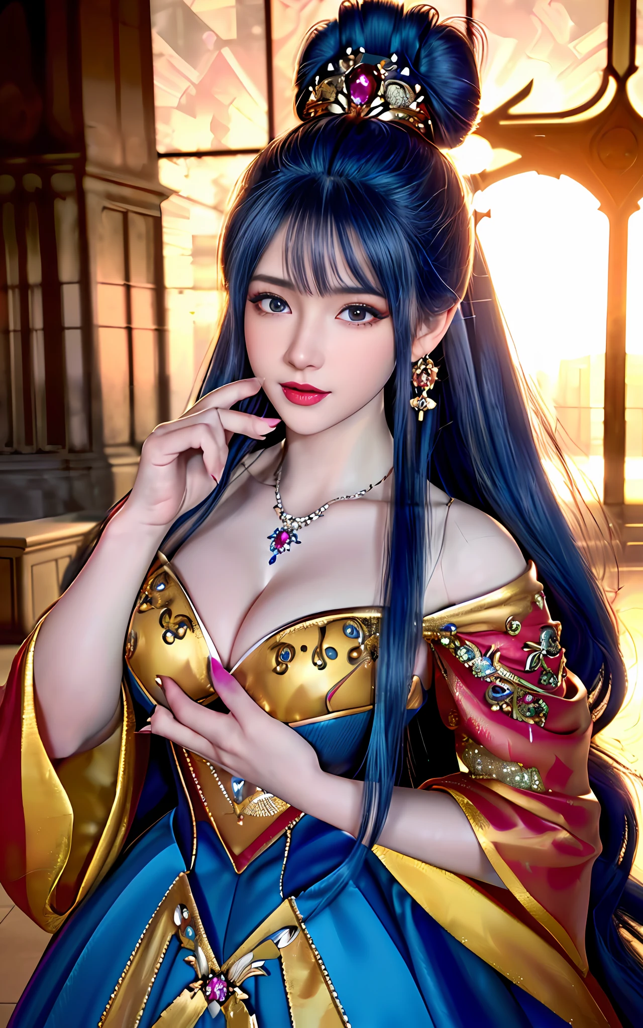 ((realisticity: 1.2)), ((realistic: 8K UHD)), ((best resolution: 8K UHD)), hyper detailed, best quality,masterpiece,highres,cg, ((1 girl hyper detailed and hyper realistic) ) , ((beautiful queen, hyper realistic and hyper detailed)),((white skin, beautiful, smooth, youthful, hyper realistic and hyper detailed )), ((Face hyper beautiful, white, hyper realistic and hyper detailed ) ), long hair, ((hyper realistic and hyper detailed dress)), solo, ((hyper realistic, hyper beautiful, beautiful and hyper detailed jewelry)), ((hyper beautiful deep red and golden yellow dress, hyper realistic and hyper detailed )) , ((Her pretty, hyper realistic, hyper detailed diamond filled earrings)), ((Her gorgeous diamond haircut, hyper realistic and hyper detailed)), ((hyper pretty upper body, hyper beautiful, hyper realistic and hyper detailed) ), ((medium breast: 1.5)), ((hyper realistic, hyper pretty, hyper detailed boobs)), ((the backgroun of the royal palace is hyper majestic, hyper realistic and hyper detailed)),((hands and palms hyper beautiful, hyper detailed, hyper realistic)), ((hyper detailed and hyper realistic fingers and fingernails)), ((hyper pretty, hyper pretty, hyper realistic and hyper detailed hair bun)), ((hyper pretty , hyper realistic and hyper detailed blue hair)), candid, Photo, high resolution, 8k , bokeh,