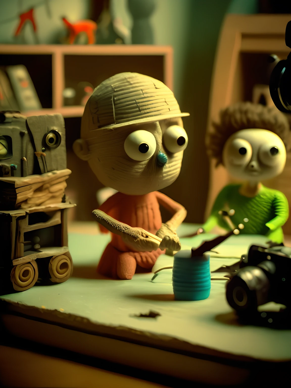 STOP-MOTION ANIMATION style claymation style. wide-angle shot, low-angle shot, basement office, vivid