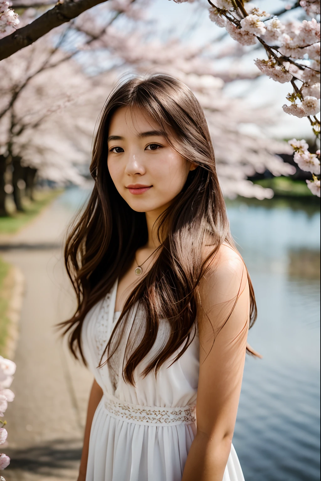 RAW photo (20 year old girl),White dress, Long hair, Realistic skin, (highdetailskin:1.2), Messy hair, There are many cherry blossom trees by the lake, Depth of field, dynamicposes,Spring colors,Realistic, filmgrain,Bright color,Beautiful face,Soft natural lighting