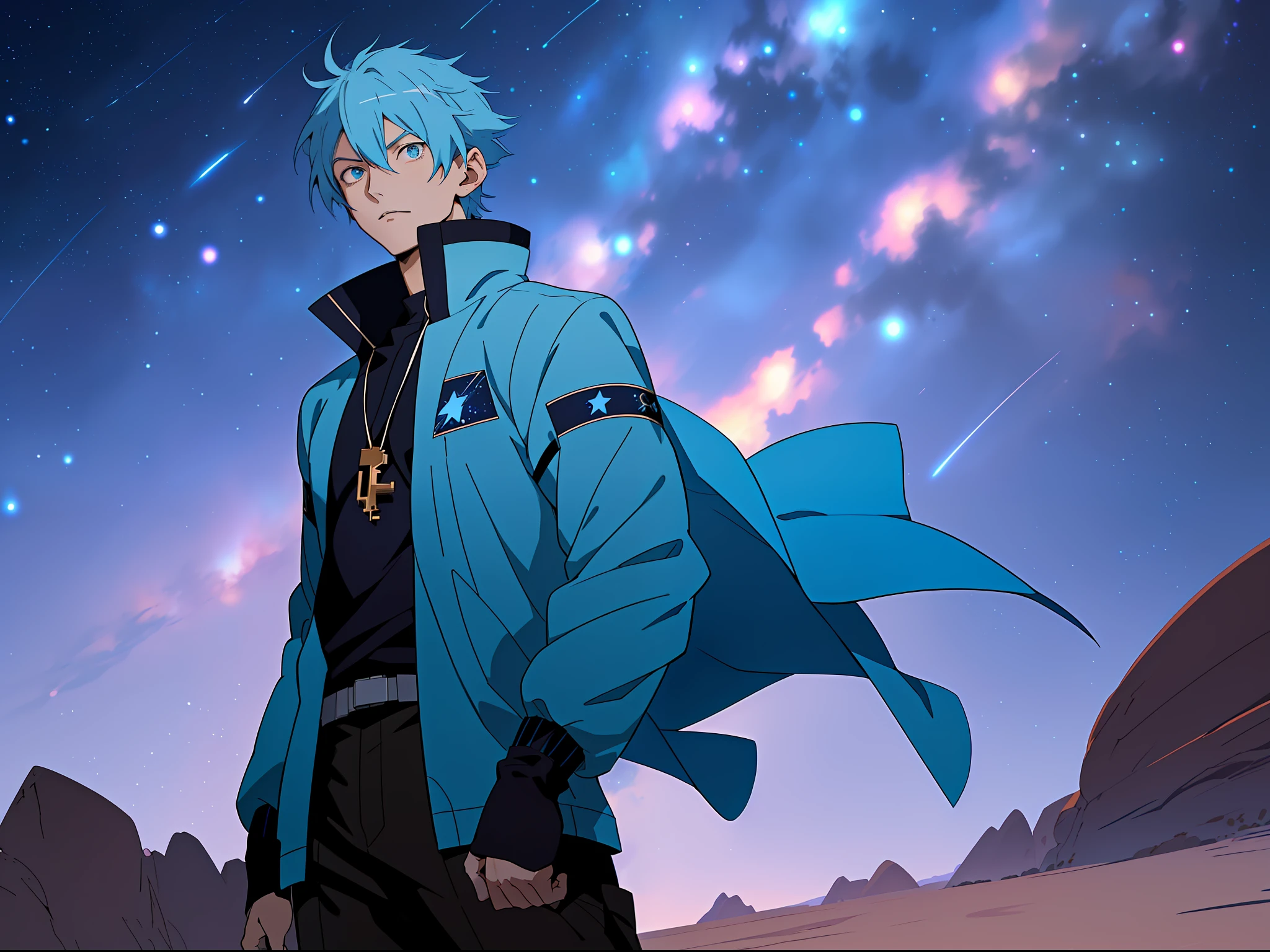 Anime - Style image of a man with blue hair and a blue jacket, Starry sky!!, Star(sky) Starry_sky, Desert at night,Key anime art, Tall anime guy with blue eyes, official anime still, Urano, key anime visuals, 8K!, on a galaxy looking background, Starry sky, shigenori soejima illustration, 2 d anime style