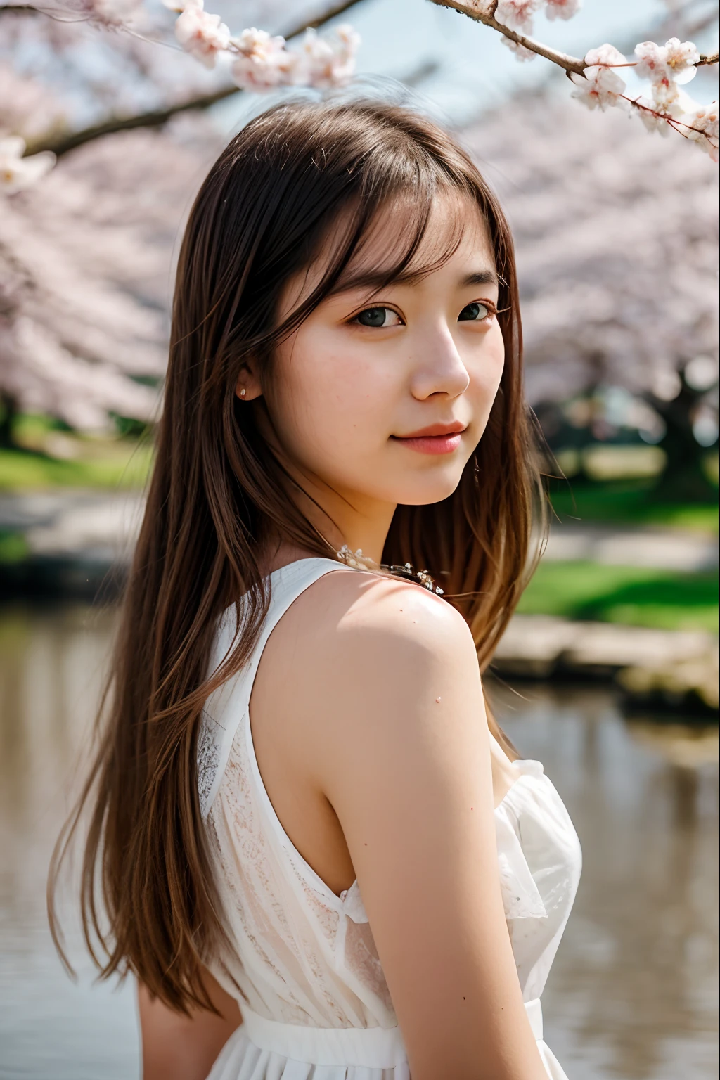 RAW photo (20 year old girl),White dress,  Long hair, Realistic skin, (highdetailskin:1.2), Messy hair, There are many cherry blossom trees by the lake,  Depth of field,   dynamicposes,Spring colors,Realistic, filmgrain,Bright color,Beautiful face,Soft natural lighting