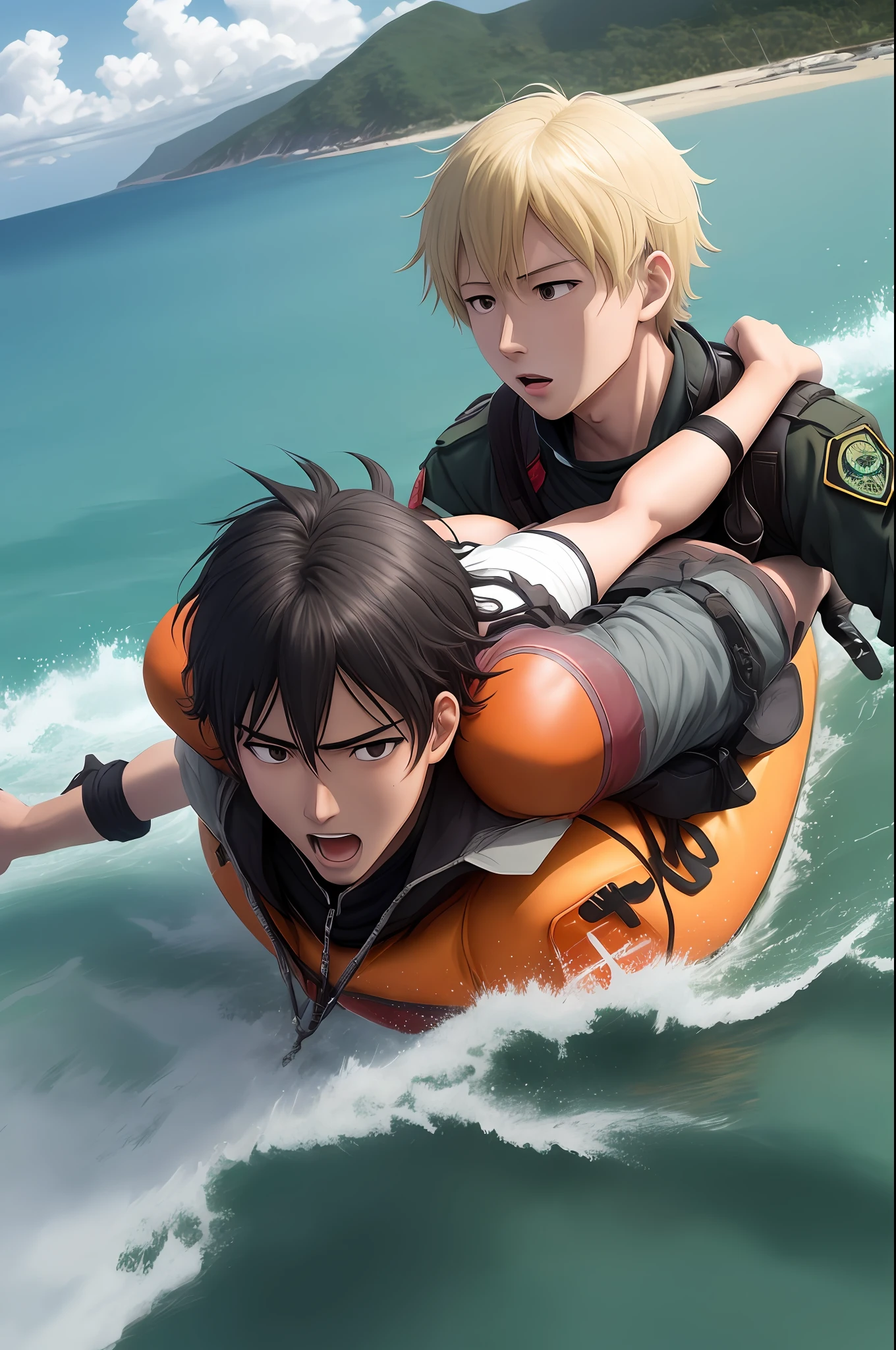 Show me images of someone being rescued from an island."in anime style